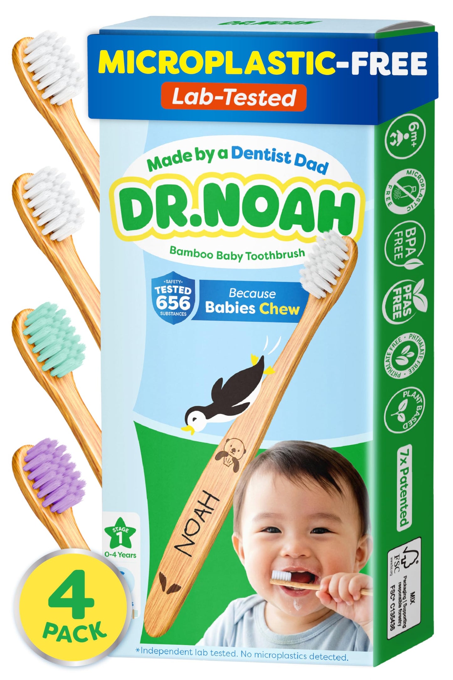 Dr. Noah Microplastic-Free Bamboo Kids Toothbrush, Dentist Designed, Age 4+ | 656 Substances Safety Tested | BPA, PFAS & Phthalate Free | Extra Soft Bristles | 4 pack set, Travel Kit, 4+ year old