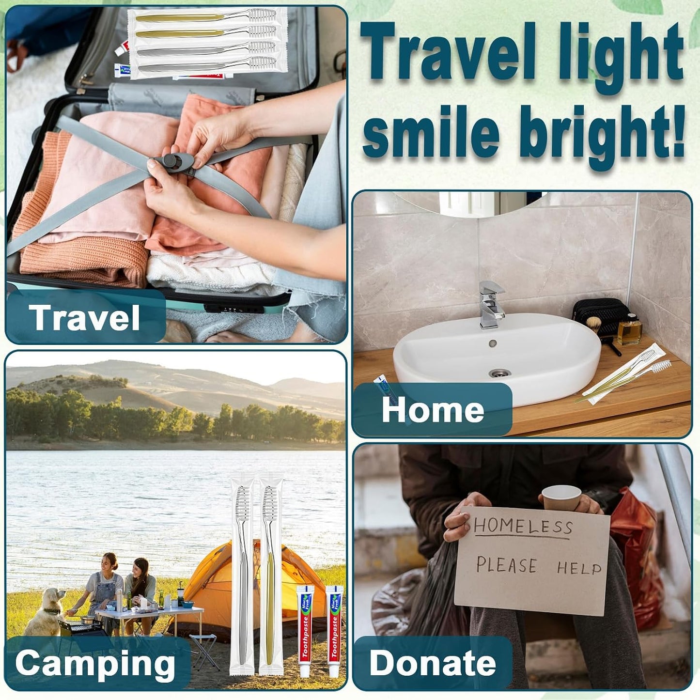 50 pcs Disposable Toothbrushes with Toothpaste, 2 Color Toothbrushes and Toothpaste 10g, Bulk for Homeless, Travel, Hotel,Charity