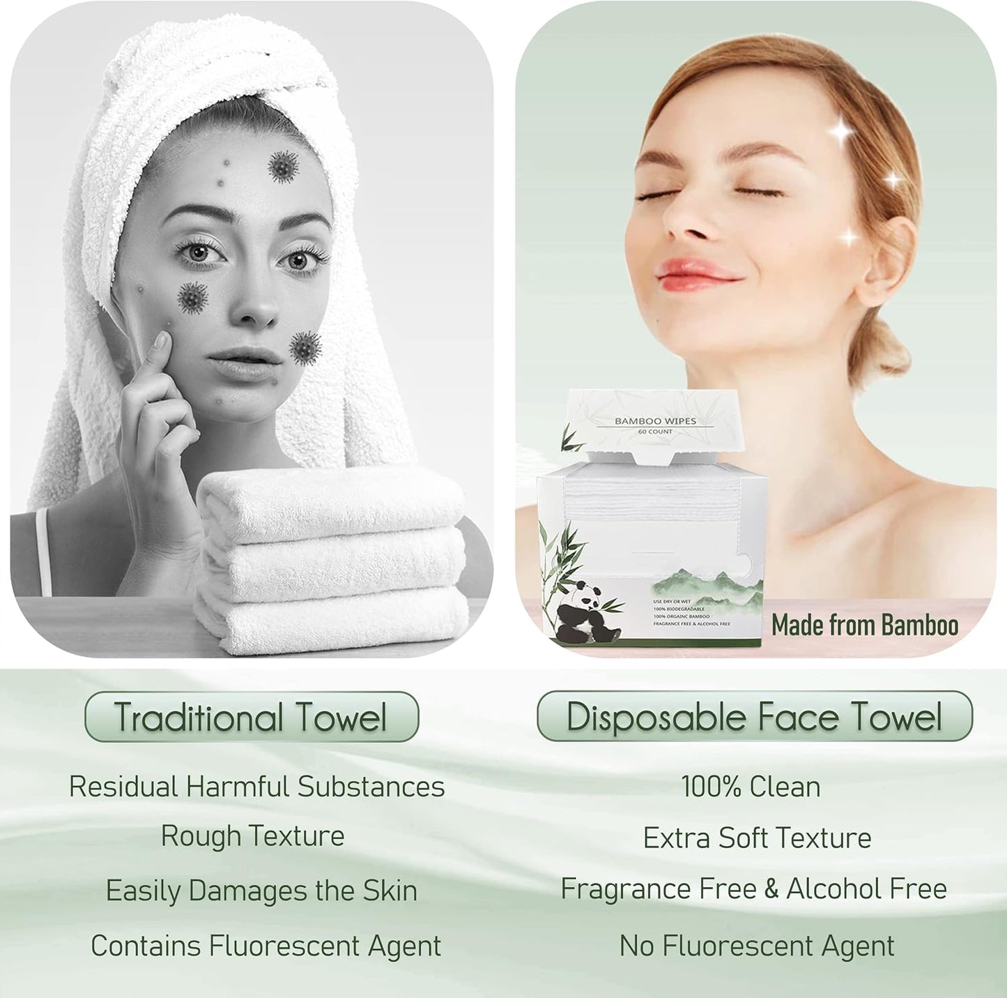 WOWOTEX Bamboo Rayon Disposable Face Towels for Sensitive Skin, Ultra Soft | 60 Count, 10"×12" Large Dry Wipes for Makeup Removal and Cleansing, Lint-free, Biodegradable, Extra Thick & Absorbent