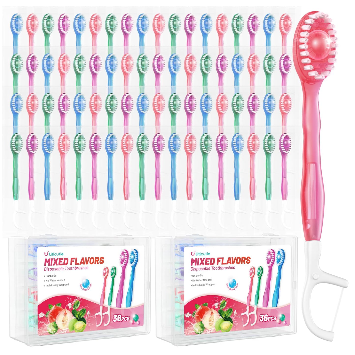 12 Pack 5 in 1 Mini Disposable Toothbrush Kit, Green Tea Flavor | Individually Wrapped, Built-in Toothpaste, Floss, Tooth Pick, Tongue Scraper, Portable for Kids Adults