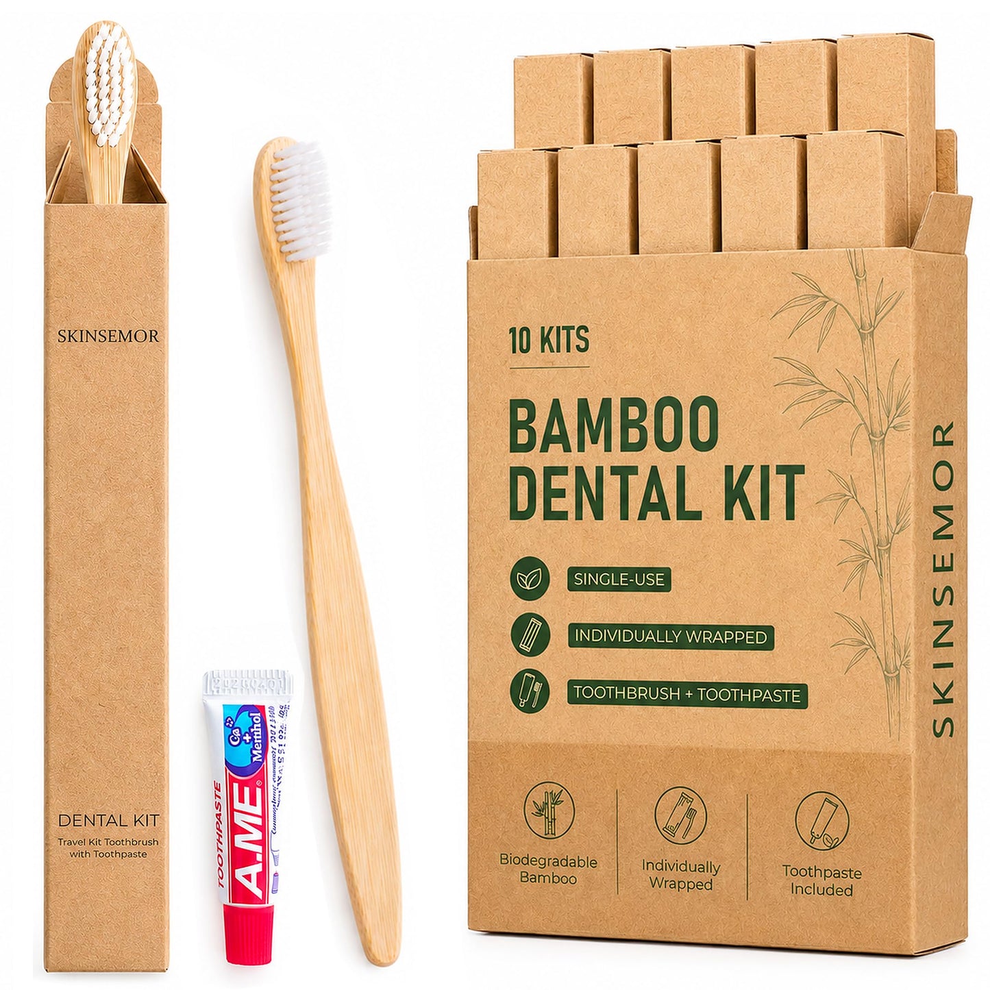 Disposable Travel Toothbrushes with Toothpaste, 10 Individually Wrapped Single Use Bamboo Toothbrush Kits for Trips, Camping, Overnight Stays, Guests and Home Backup
