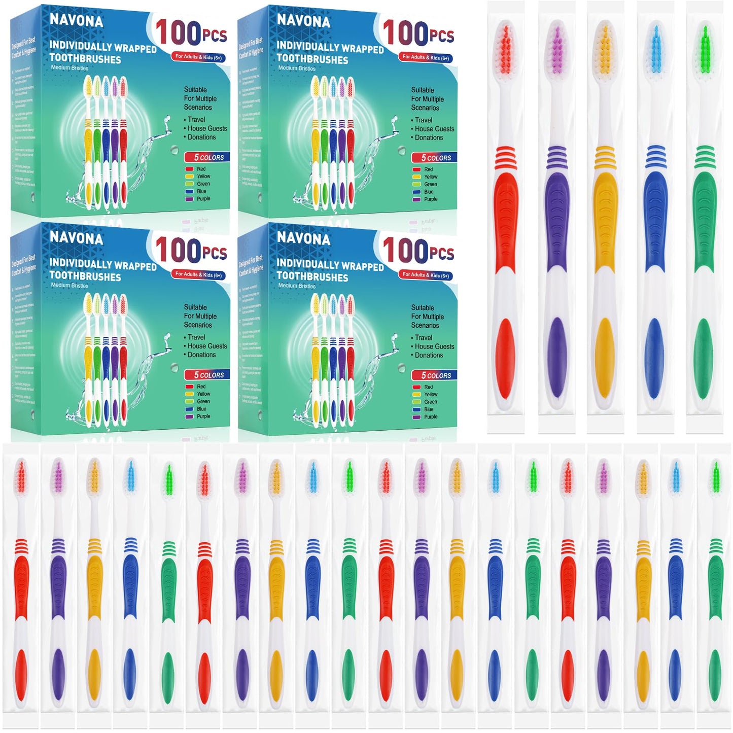 30 PCS Disposable Toothbrushes Pack, Bulk Toothbrush Individually Wrapped | Medium Soft Bristle Toothbrush, Kids Toothbrushes, Ergonomics Handle, Perfect for Travel Hotel Donation
