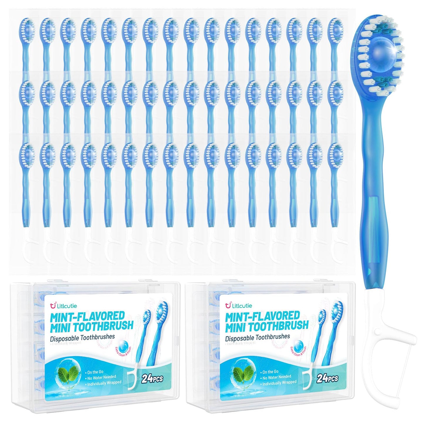 12 Pack 5 in 1 Mini Disposable Toothbrush Kit, Green Tea Flavor | Individually Wrapped, Built-in Toothpaste, Floss, Tooth Pick, Tongue Scraper, Portable for Kids Adults