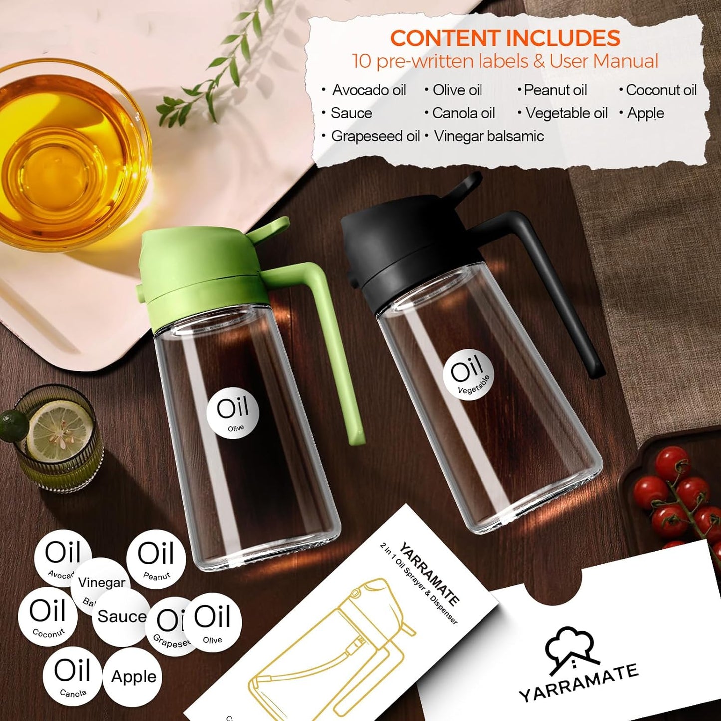 YARRAMATE 16 oz 2-in-1 Glass Olive Oil Sprayer for Cooking, Black | Food-grade dispenser bottle, 470 ml, spray and pour, portion control, stickers included, for salad, frying and BBQ
