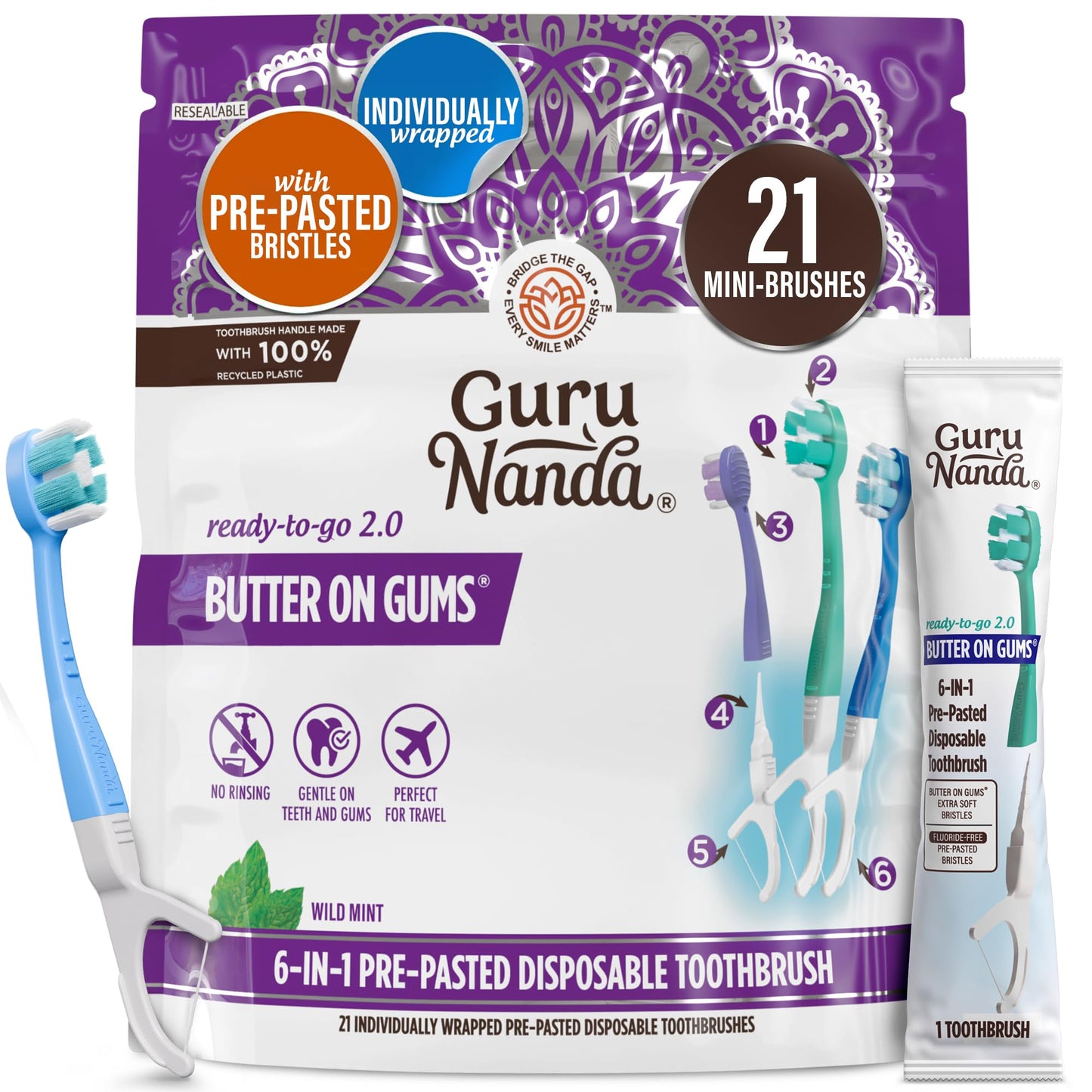GuruNanda Disposable Travel Toothbrush 2.0, Fluoride Free Toothpaste, 60 ct | 6-In-1 Ready-To-Go Soft Toothbrushes with Tongue Scraper, Floss & Toothpick|Individually Wrapped|Made with Recycled Plastic