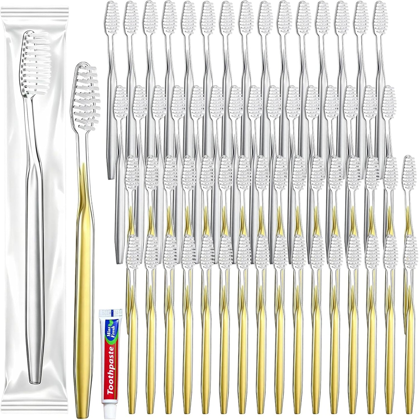 50 pcs Disposable Toothbrushes with Toothpaste, 2 Color Toothbrushes and Toothpaste 10g, Bulk for Homeless, Travel, Hotel,Charity