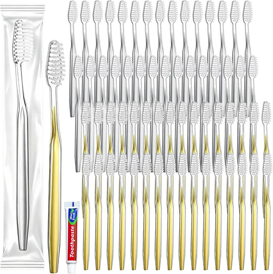50 pcs Disposable Toothbrushes with Toothpaste, 2 Color Toothbrushes and Toothpaste 10g, Bulk for Homeless, Travel, Hotel,Charity