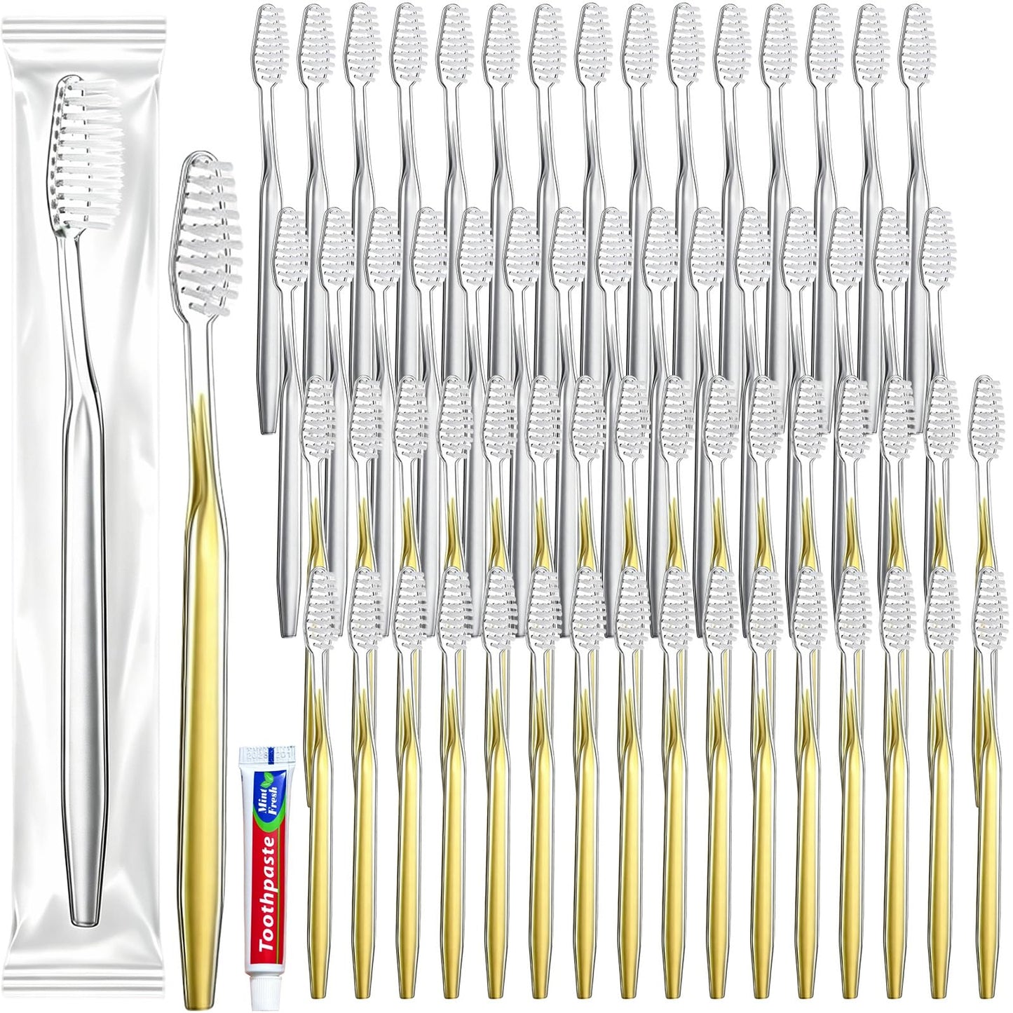 50 pcs Disposable Toothbrushes with Toothpaste, 2 Color Toothbrushes and Toothpaste 10g, Bulk for Homeless, Travel, Hotel,Charity
