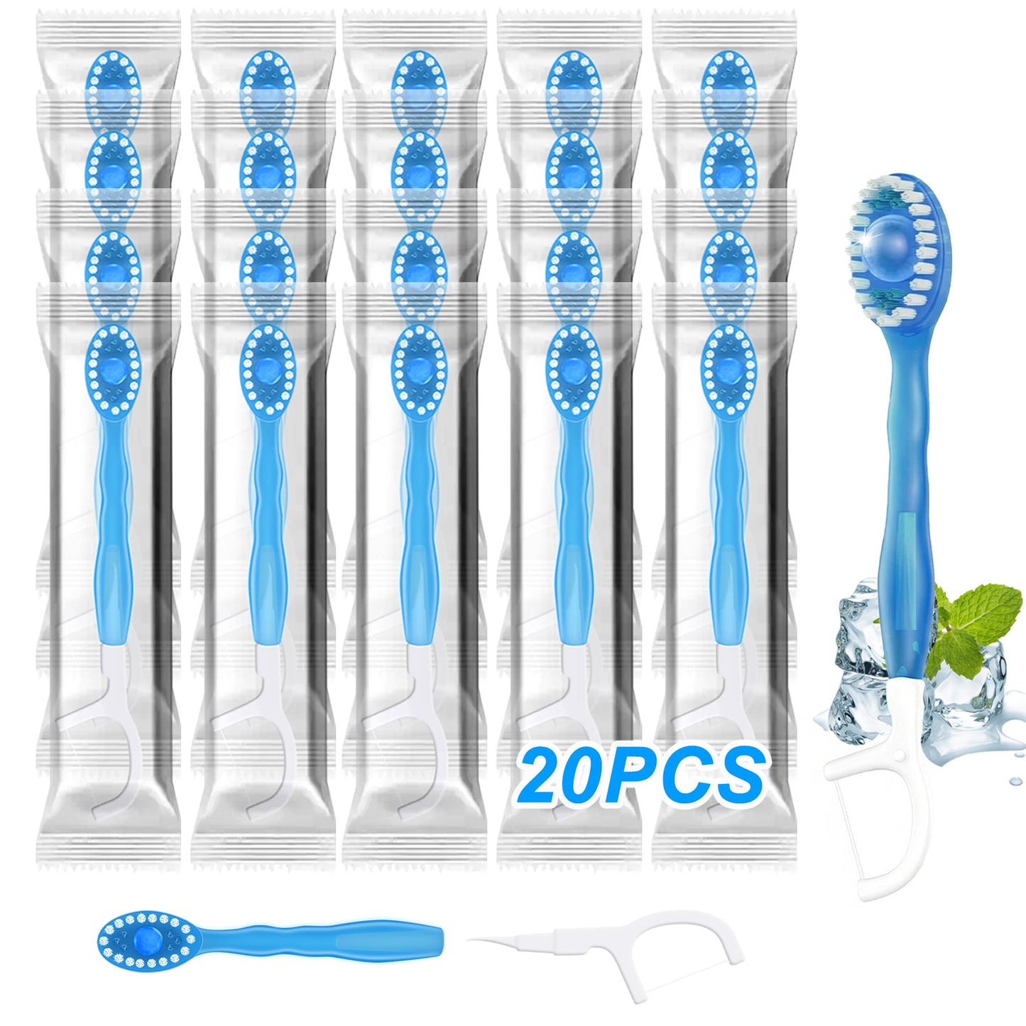 10 Pack 5-in-1 Disposable Toothbrushes with Toothpaste, Mint Flavor | Built-in Floss, Toothpick & Tongue Scraper, Individually Wrapped Mini Toothbrush Set for Travel, Camping & Daily Work Use