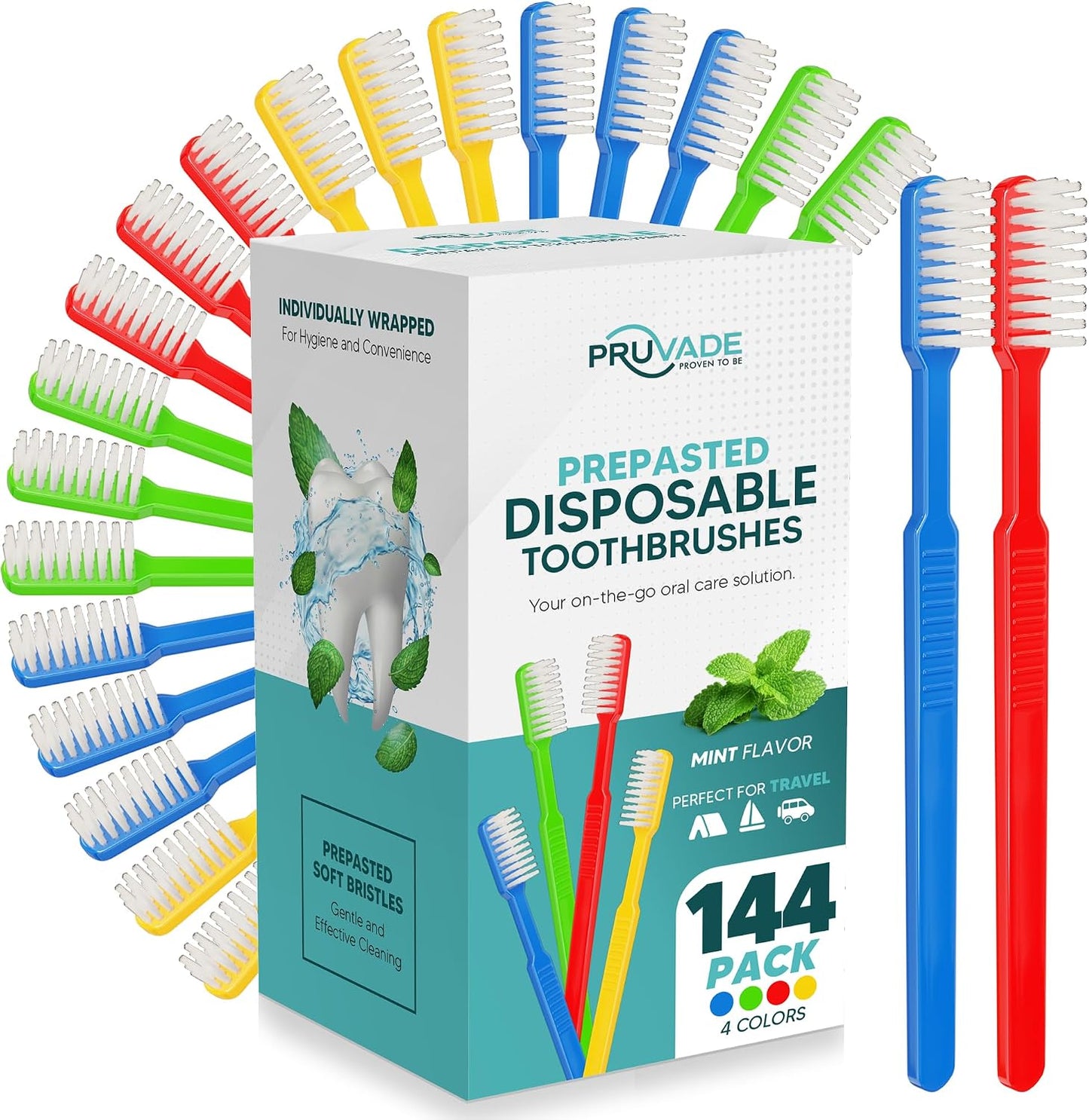 144 Pack Disposable Toothbrushes with Toothpaste - Prepasted Mint | Prepasted Toothbrushes - Individually Wrapped Single Use Waterless Tooth Brush with Soft Bristles for Hotel, Camping, Travel