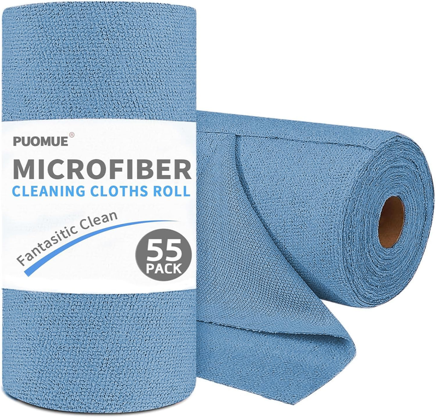 Puomue 55 Pack Microfiber Cleaning Cloth Roll, Tear Away Reusable Paper Towels, 11" x 9", Ultra Absorbent & Lint Free Microfiber Cloth for Cleaning Cars, Kitchen, Window, Home and Shop, Grey
