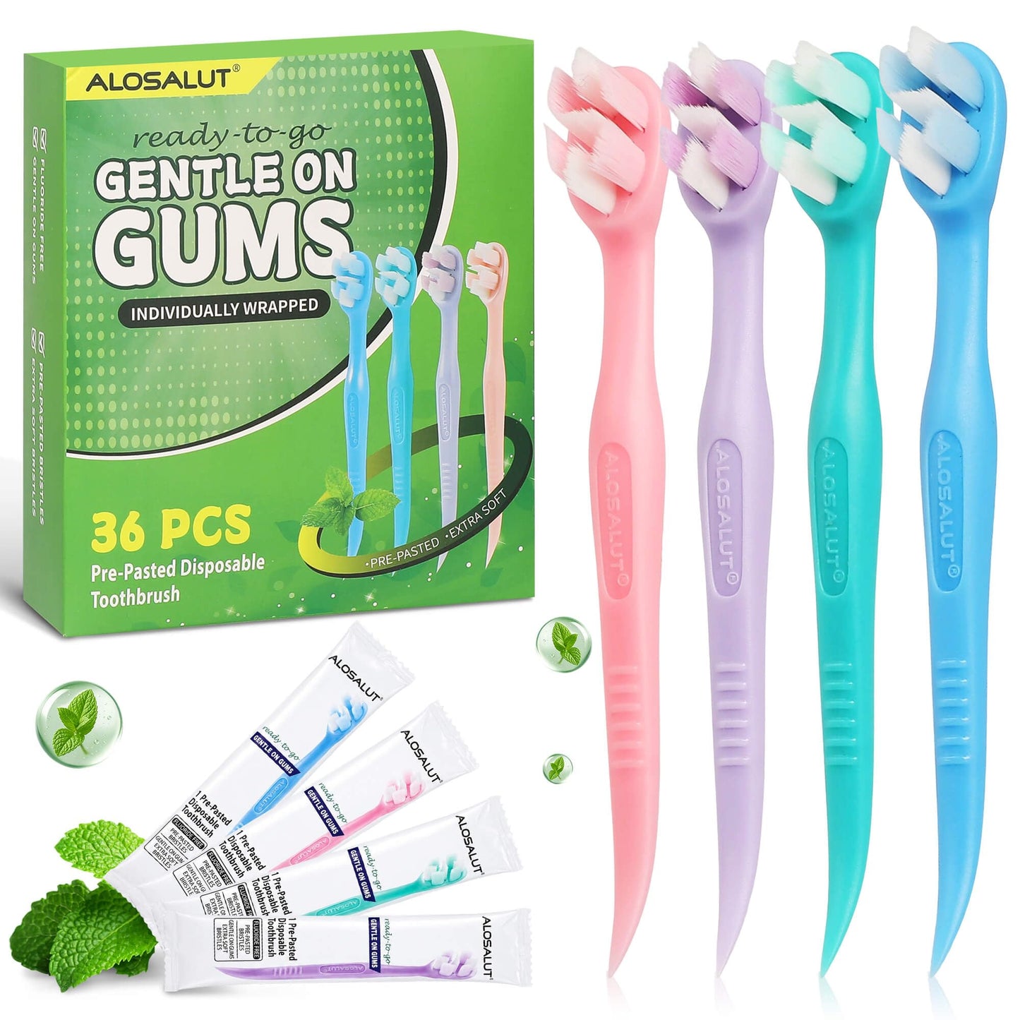 36 Pack Pre-Pasted Mint Disposable Toothbrushes – Individually Wrapped Mini Ultra Soft Bristles Toothbrush - Fluoride Free No Rinsing - 3-in-1 with Floss Pick Tongue Cleaner for Braces Travel Camping