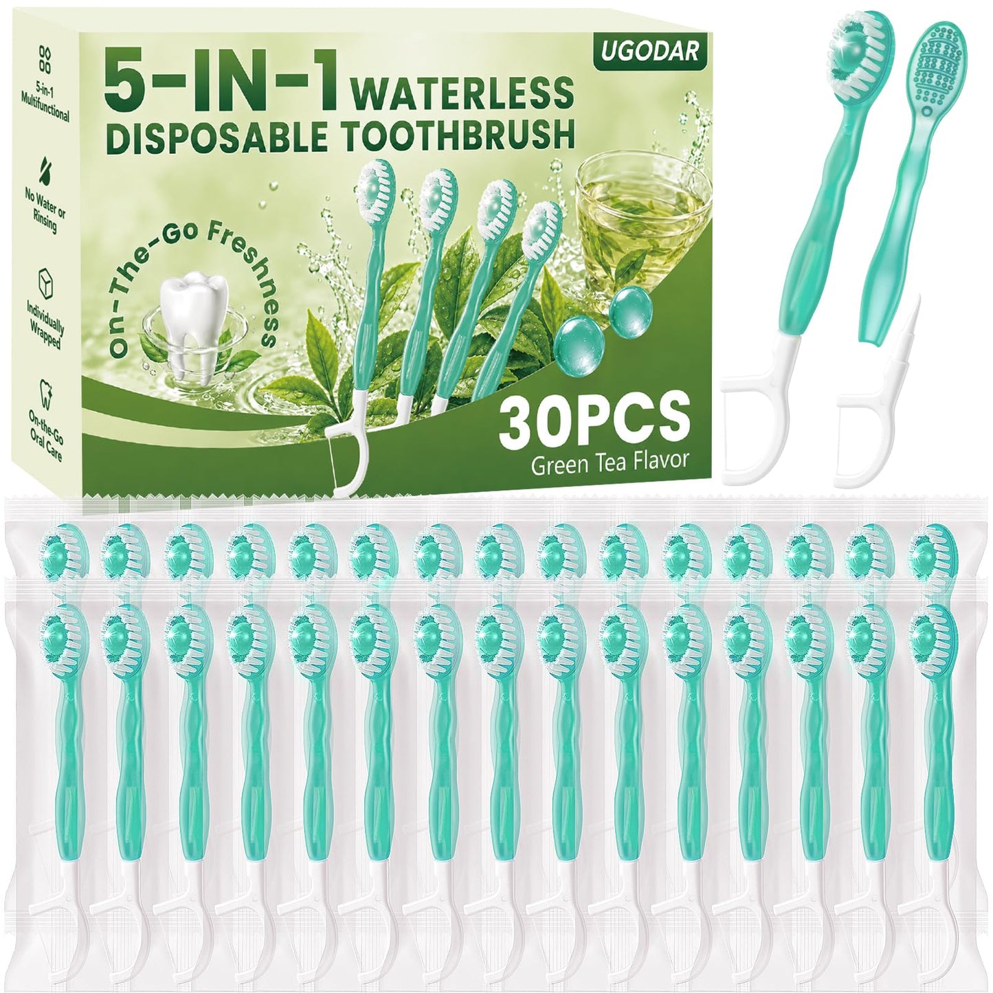 5 in 1 Disposable Travel Toothbrushes, Prepasted Mini On-the-Go Disposable Toothbrushes with Toothpaste Floss Pick Tongue Scraper, Individually Wrapped Travel Toothbrush Set(30PCS,Mint)