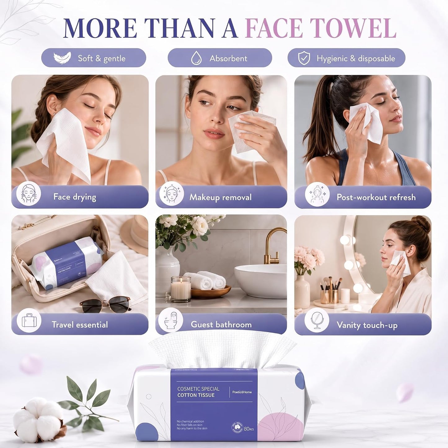 PoeticEHome Disposable Face Towels, Thick Yet Soft Cotton Dry Wipes, 1 Pack | 80-Count Facial Towels for Daily Cleansing, Face Washing and Makeup Removal; Absorbent, Lint-Free, Unscented