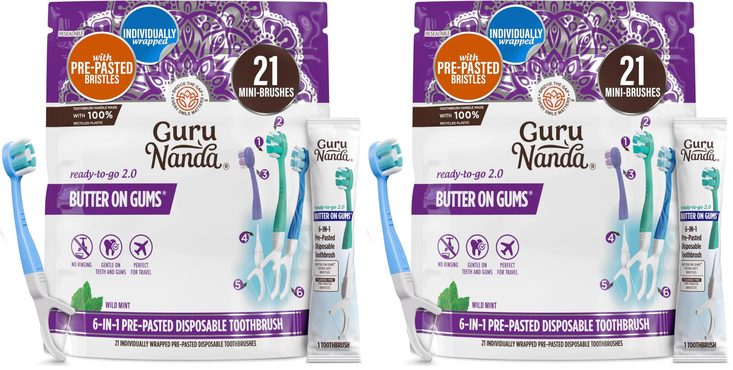GuruNanda Disposable Travel Toothbrush 2.0, Fluoride Free Toothpaste, 60 ct | 6-In-1 Ready-To-Go Soft Toothbrushes with Tongue Scraper, Floss & Toothpick|Individually Wrapped|Made with Recycled Plastic