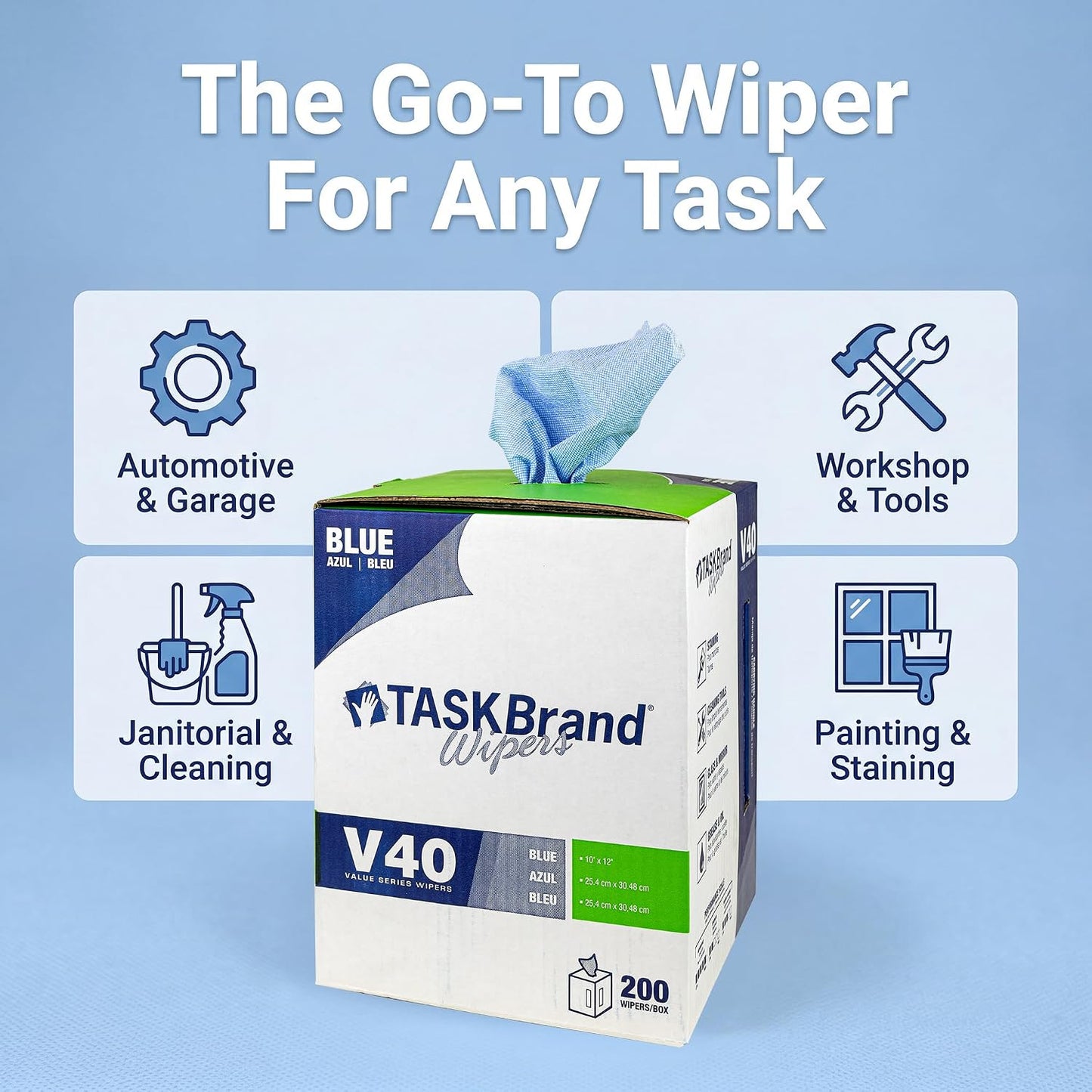 TaskBrand N-V040CGB Blue V40 Value Series Center Pull Wiper Sheets, All-Purpose Disposable Cleaning Towels, 10 x 11.5 Inches, Roll of 200