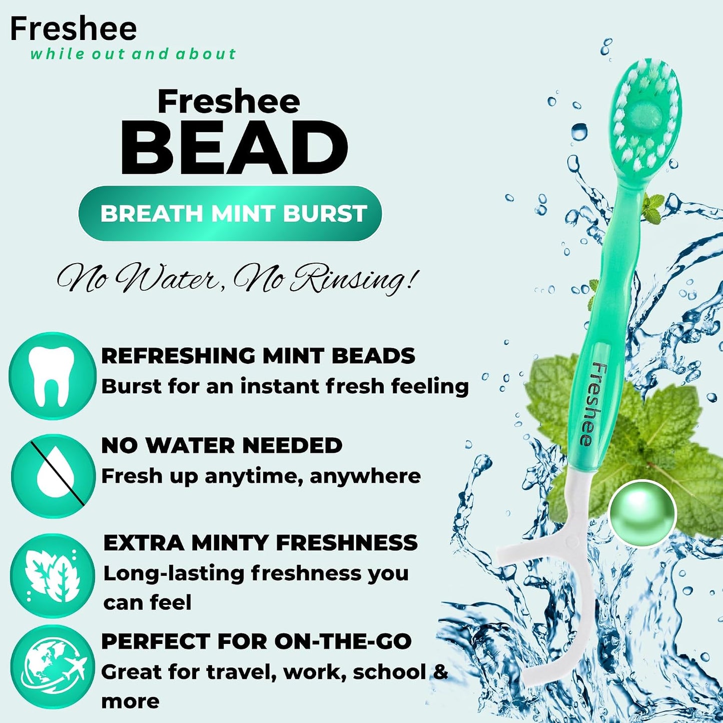 Freshee Disposable Toothbrushes with Toothpaste – 5 in 1 Mini Toothbrush with Floss, Pick, Tongue Scraper | No Water Needed | Individually Wrapped | Prepasted Travel Toothbrush | Extra Mint | Bead
