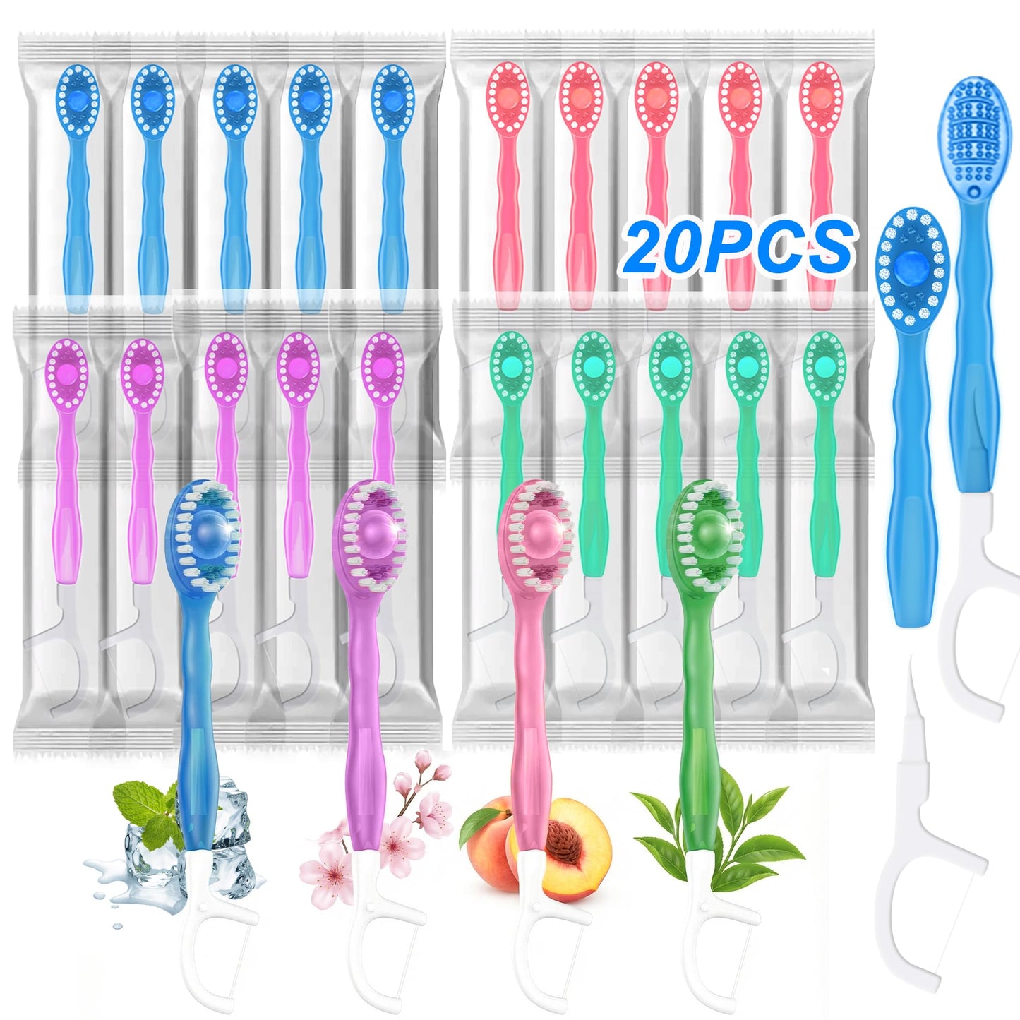 10 Pack 5-in-1 Disposable Toothbrushes with Toothpaste, Mint Flavor | Built-in Floss, Toothpick & Tongue Scraper, Individually Wrapped Mini Toothbrush Set for Travel, Camping & Daily Work Use