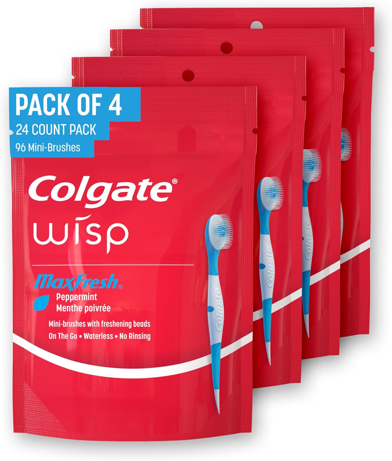 Colgate Wisp Disposable Toothbrushes for Travel, Pack of 4, 96 Total Count | No Water Needed, Mini Travel Toothbrushes, No Rinsing, Soft Pick for Hard-to-Reach Areas, MaxFresh Peppermint Flavor
