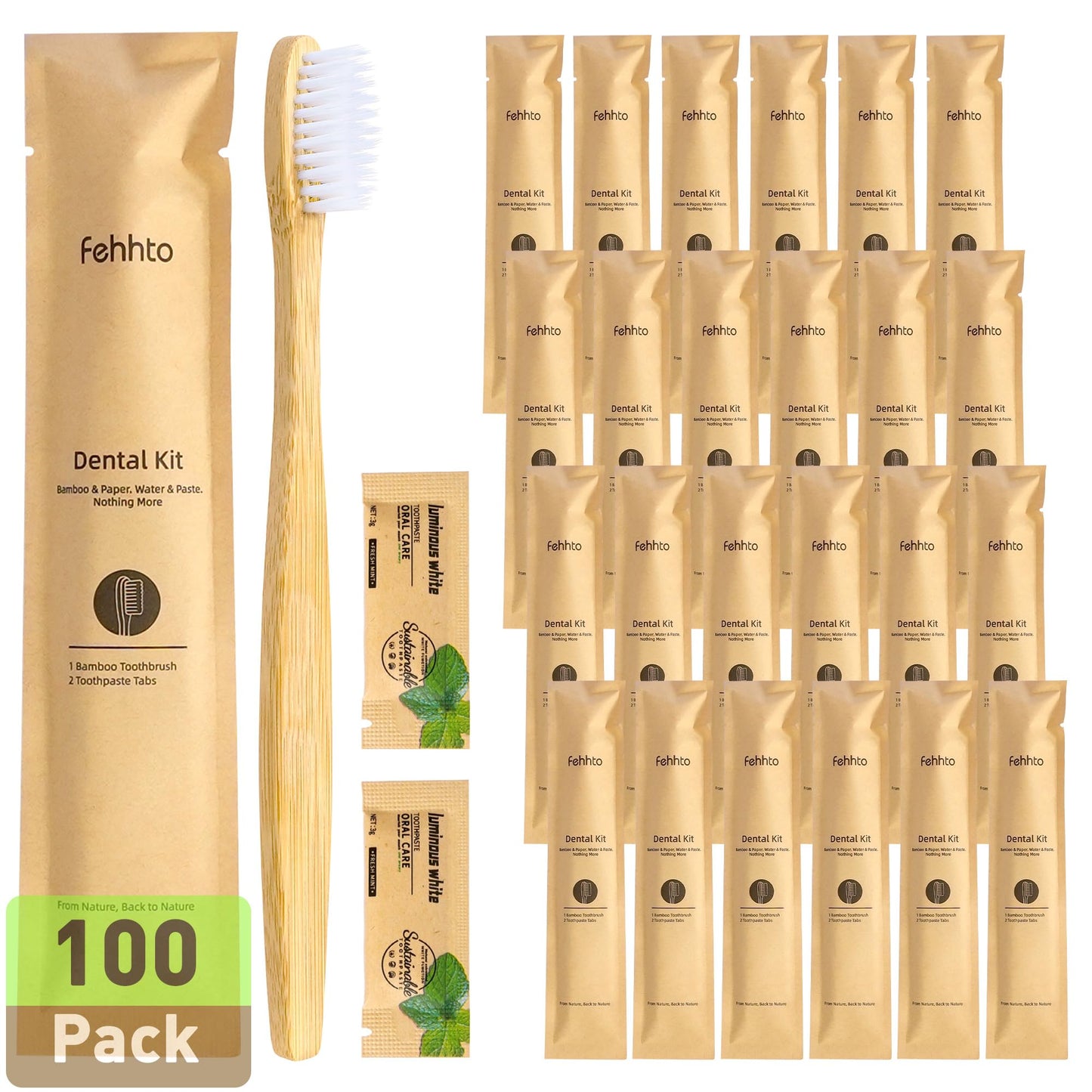 100 Pack Bamboo Toothbrushes with Toothpaste 6g Individually Wrapped | Disposable Travel Toothbrushes Kit, Guest Dental Kit for Hotel Amenities, Airbnb Hosts, Travel & Camping