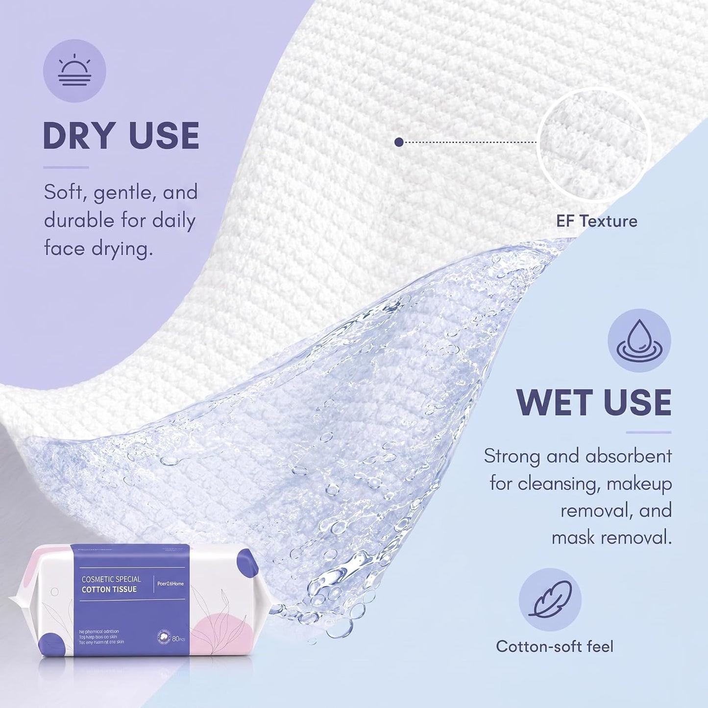PoeticEHome Disposable Face Towels, Thick Yet Soft Cotton Dry Wipes, 1 Pack | 80-Count Facial Towels for Daily Cleansing, Face Washing and Makeup Removal; Absorbent, Lint-Free, Unscented