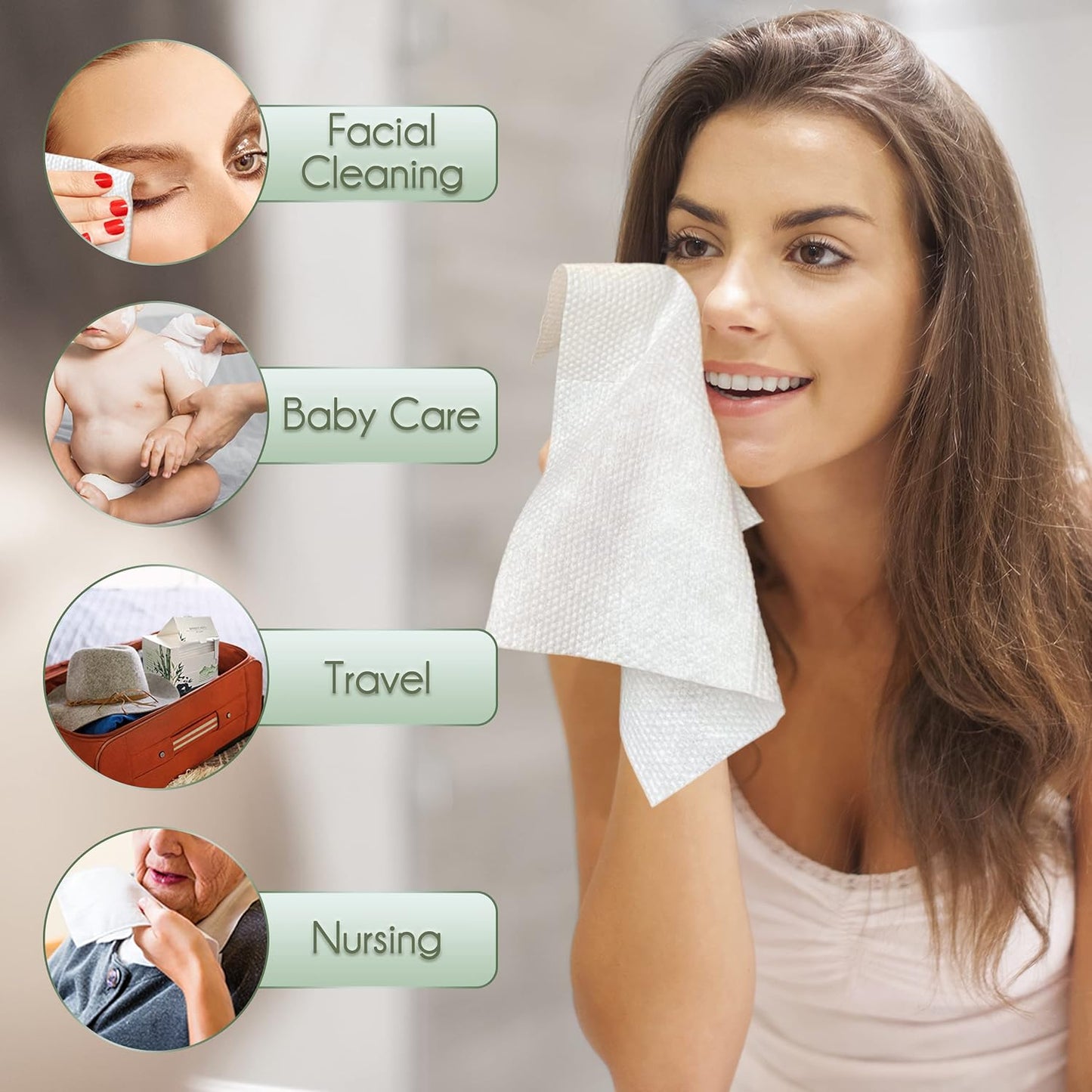 WOWOTEX Bamboo Rayon Disposable Face Towels for Sensitive Skin, Ultra Soft | 60 Count, 10"×12" Large Dry Wipes for Makeup Removal and Cleansing, Lint-free, Biodegradable, Extra Thick & Absorbent