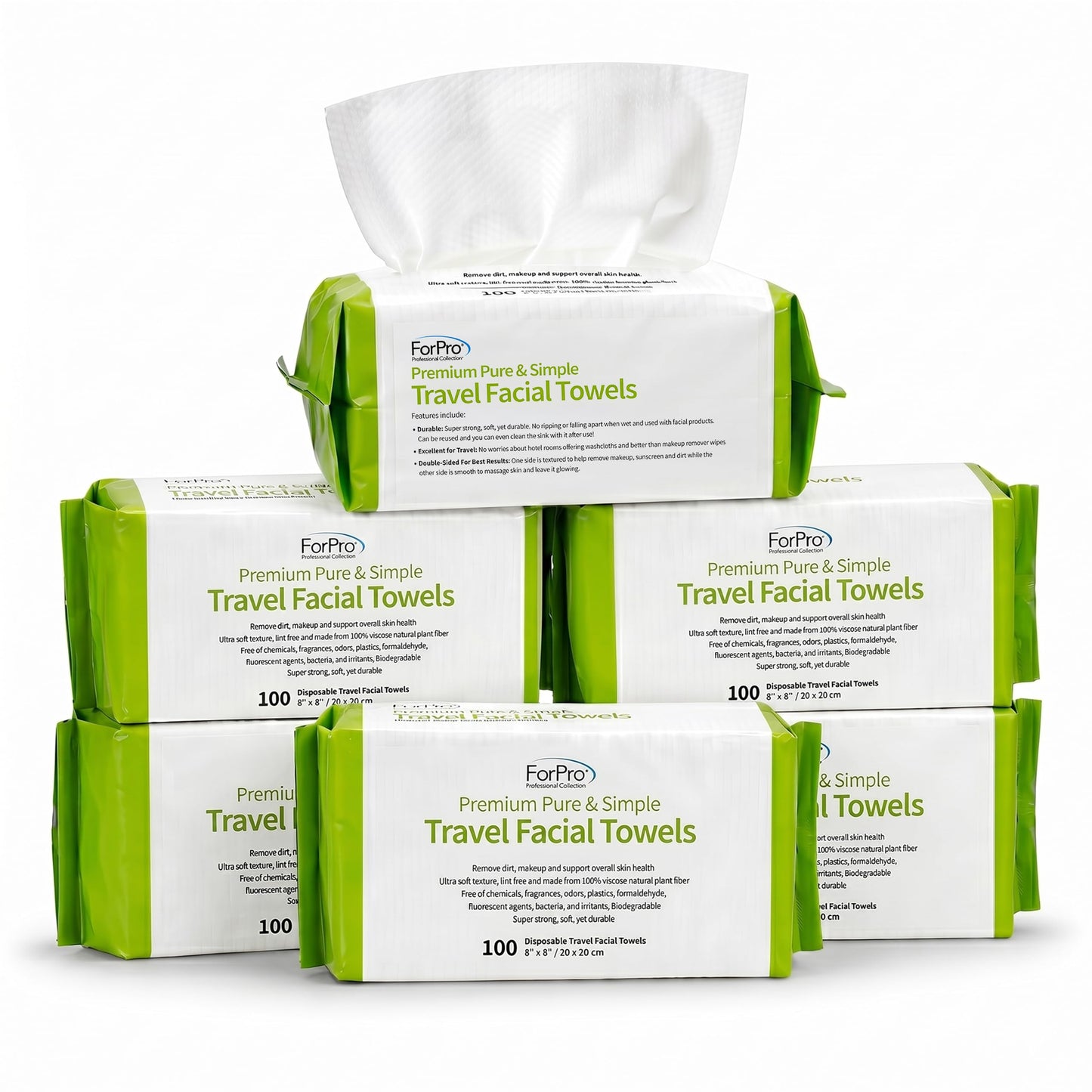 ForPro Travel Size Disposable Face Towels, 8"x8" Compact Dry Wipes Bulk Pack, Ultra Soft Lint-Free Viscose Makeup Remover Pads for Sensitive Skin, Biodegradable, Vegan, 600-Count