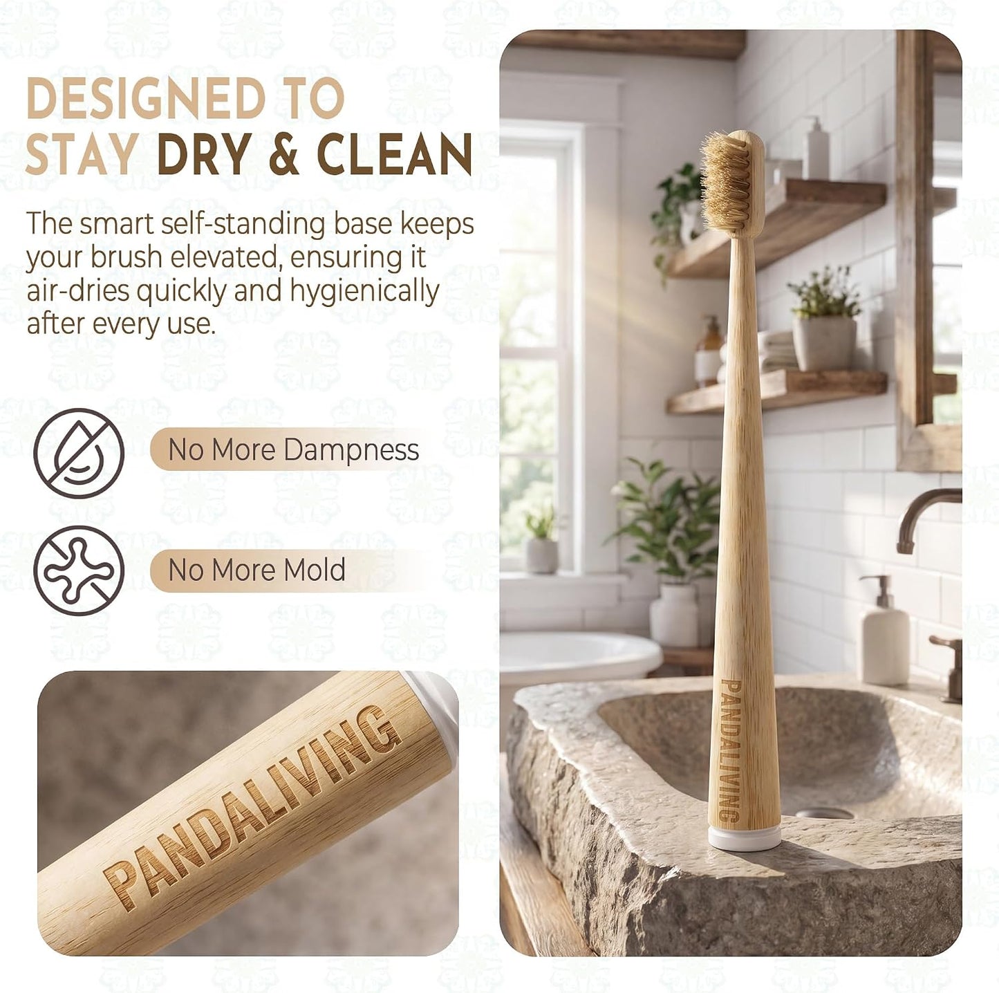 Firm Boar Bristle Bamboo Toothbrushes 5 Pack | Plastic & Nylon Free, 100% Biodegradable & Compostable | Quick Dry Design | Natural Organic Toothbrush, Hard Bristles Toothbrushes
