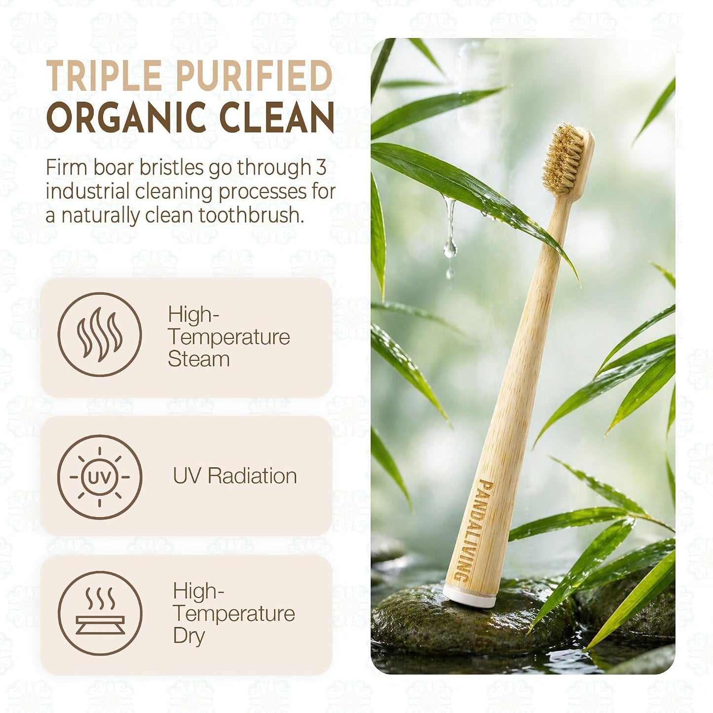 Firm Boar Bristle Bamboo Toothbrushes 5 Pack | Plastic & Nylon Free, 100% Biodegradable & Compostable | Quick Dry Design | Natural Organic Toothbrush, Hard Bristles Toothbrushes