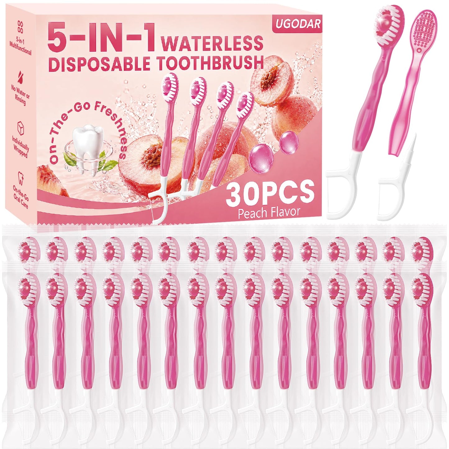 5 in 1 Disposable Travel Toothbrushes, Prepasted Mini On-the-Go Disposable Toothbrushes with Toothpaste Floss Pick Tongue Scraper, Individually Wrapped Travel Toothbrush Set(30PCS,Mint)