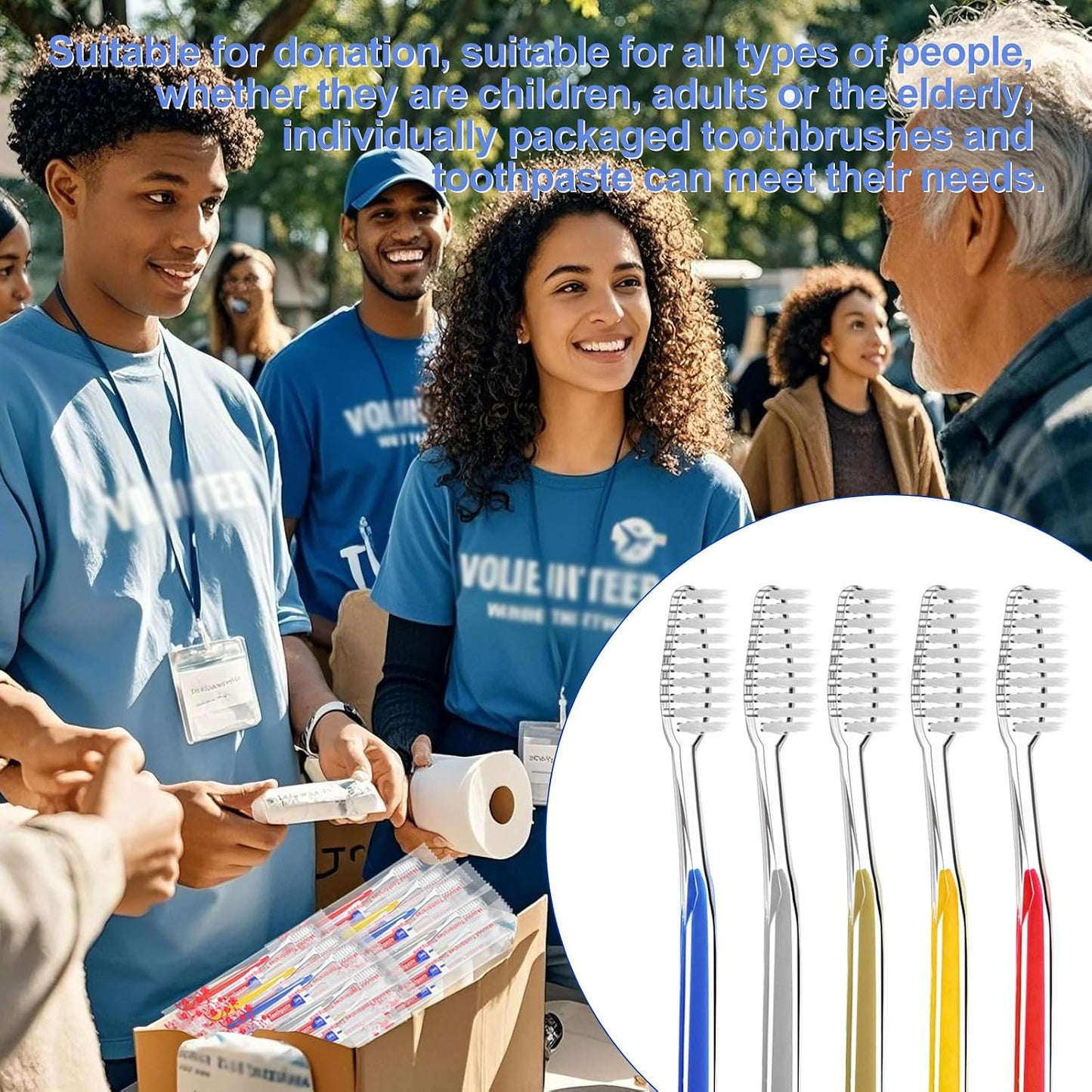 50 Disposable Toothbrushes with Toothpaste Individually Wrapped 5 Colors | Bulk Toothbrush and Toothpaste for Homeless Travel Shelter Air Bnb Hotel Guest
