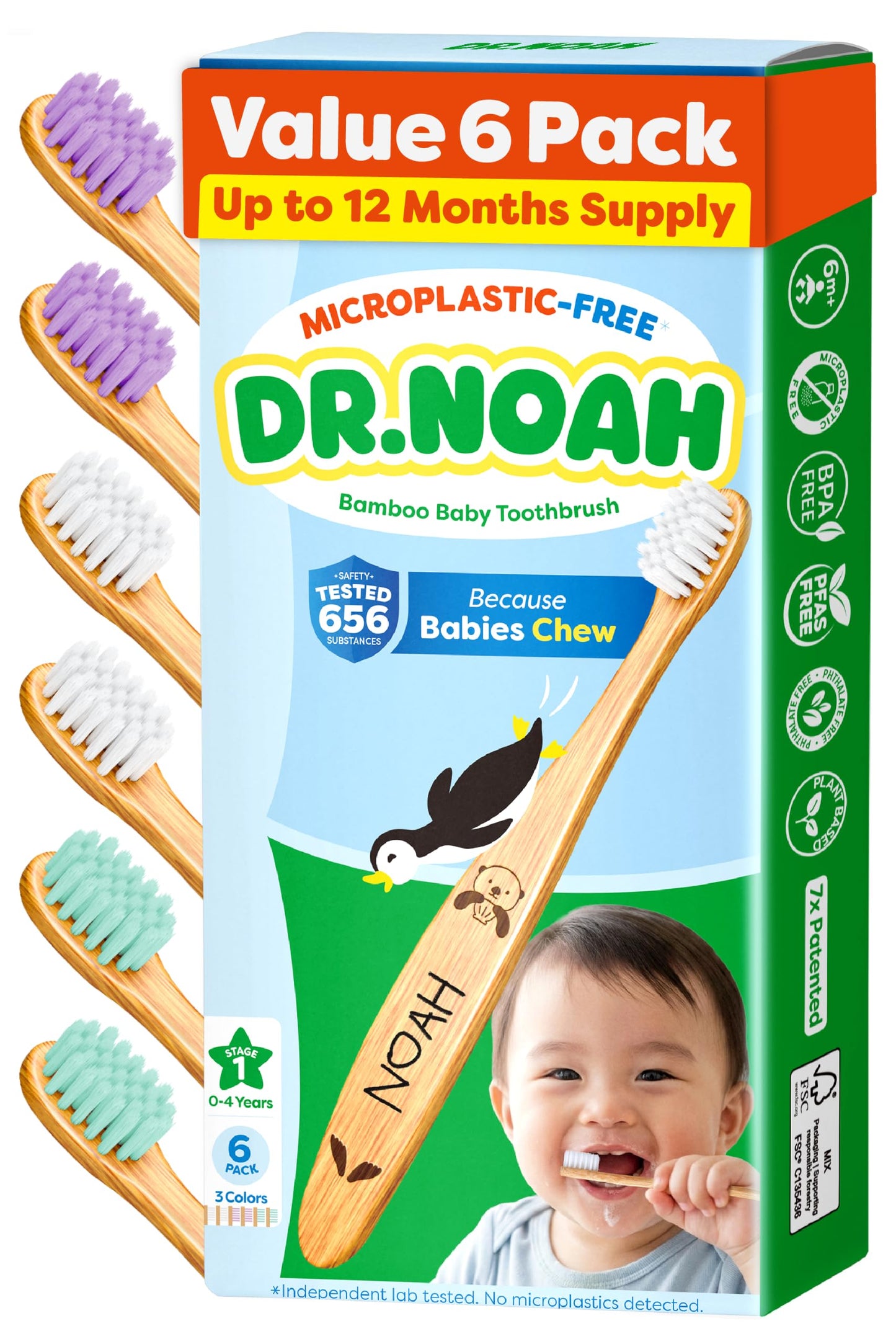 Dr. Noah Microplastic-Free Bamboo Kids Toothbrush, Dentist Designed, Age 4+ | 656 Substances Safety Tested | BPA, PFAS & Phthalate Free | Extra Soft Bristles | 4 pack set, Travel Kit, 4+ year old