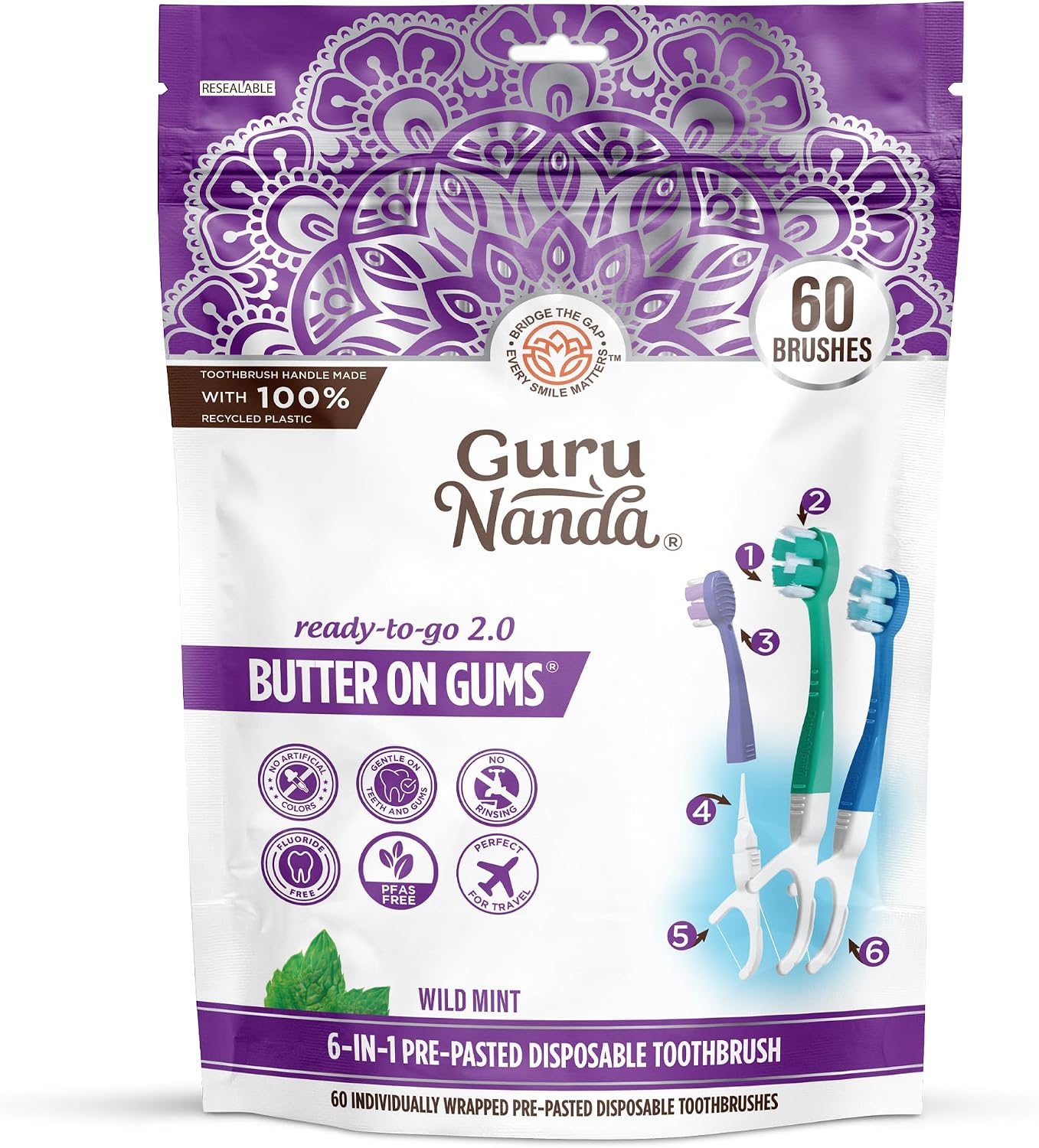 GuruNanda Disposable Travel Toothbrush 2.0, Fluoride Free Toothpaste, 60 ct | 6-In-1 Ready-To-Go Soft Toothbrushes with Tongue Scraper, Floss & Toothpick|Individually Wrapped|Made with Recycled Plastic