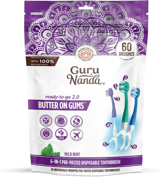 GuruNanda Disposable Travel Toothbrush 2.0, Fluoride Free Toothpaste, 60 ct | 6-In-1 Ready-To-Go Soft Toothbrushes with Tongue Scraper, Floss & Toothpick|Individually Wrapped|Made with Recycled Plastic