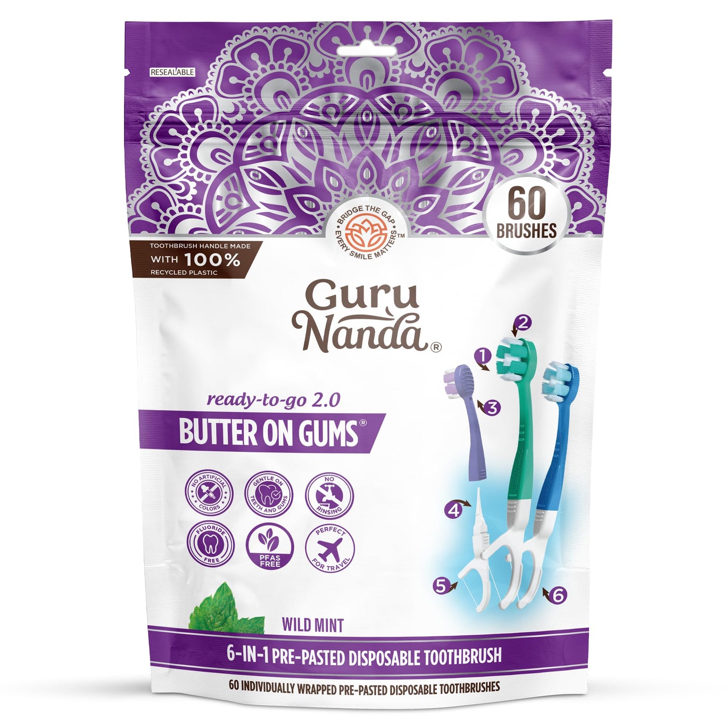 GuruNanda Disposable Travel Toothbrush 2.0, Fluoride Free Toothpaste, 60 ct | 6-In-1 Ready-To-Go Soft Toothbrushes with Tongue Scraper, Floss & Toothpick|Individually Wrapped|Made with Recycled Plastic