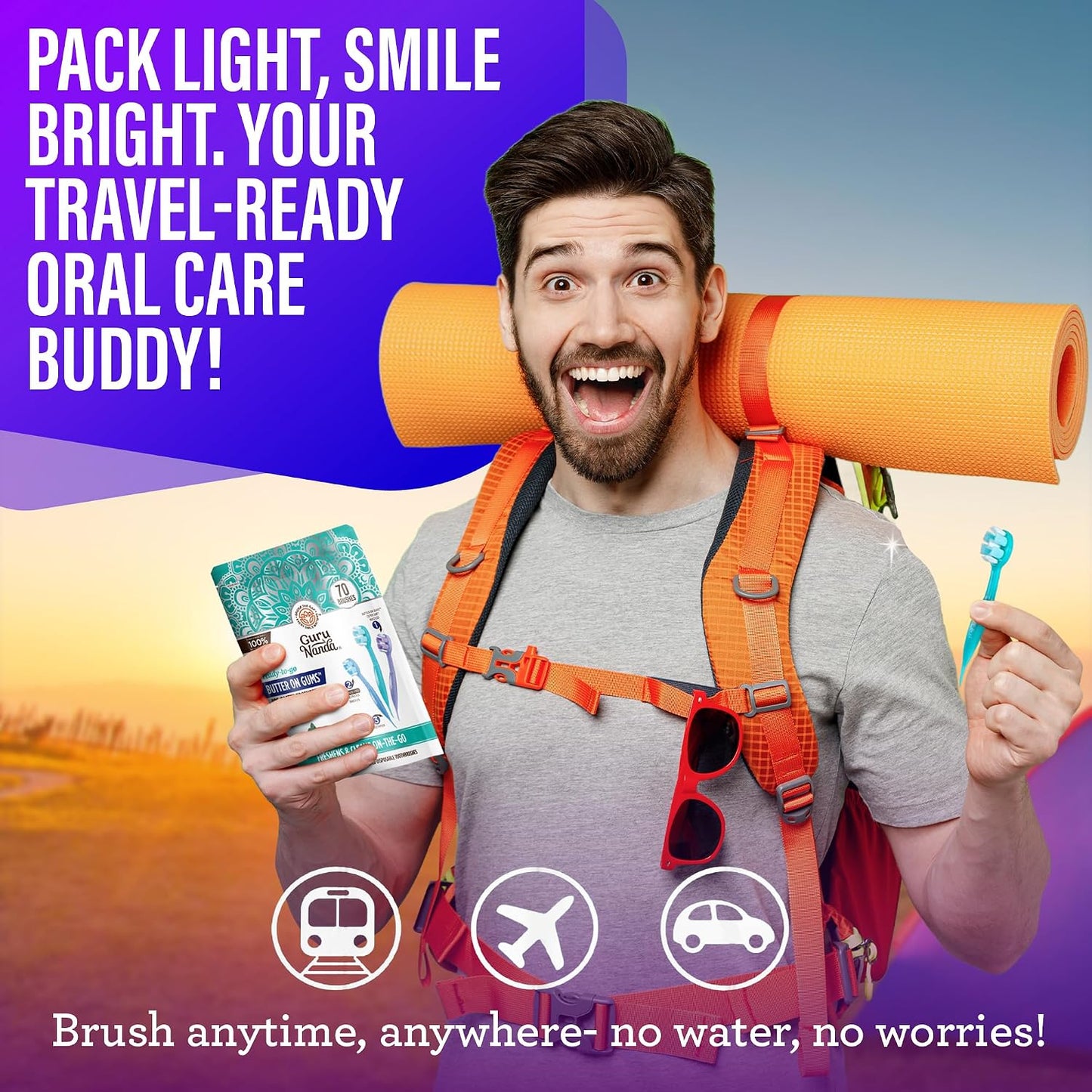 GuruNanda Disposable Travel Toothbrush 1.0, Fluoride Free Toothpaste, 70 ct | 2-In 1 Ready-To-Go Soft Bristle Toothbrushes with Toothpick|Individually Wrapped Travel Essentials|Made with Recycled Plastic
