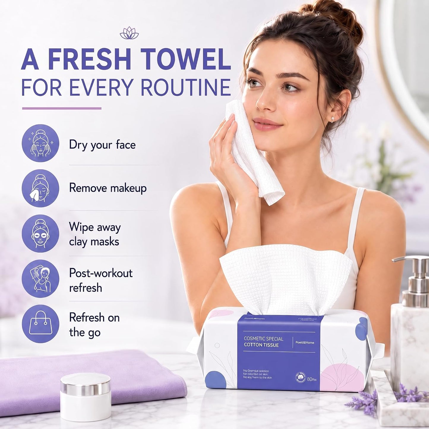 PoeticEHome Disposable Face Towels, Thick Yet Soft Cotton Dry Wipes, 1 Pack | 80-Count Facial Towels for Daily Cleansing, Face Washing and Makeup Removal; Absorbent, Lint-Free, Unscented
