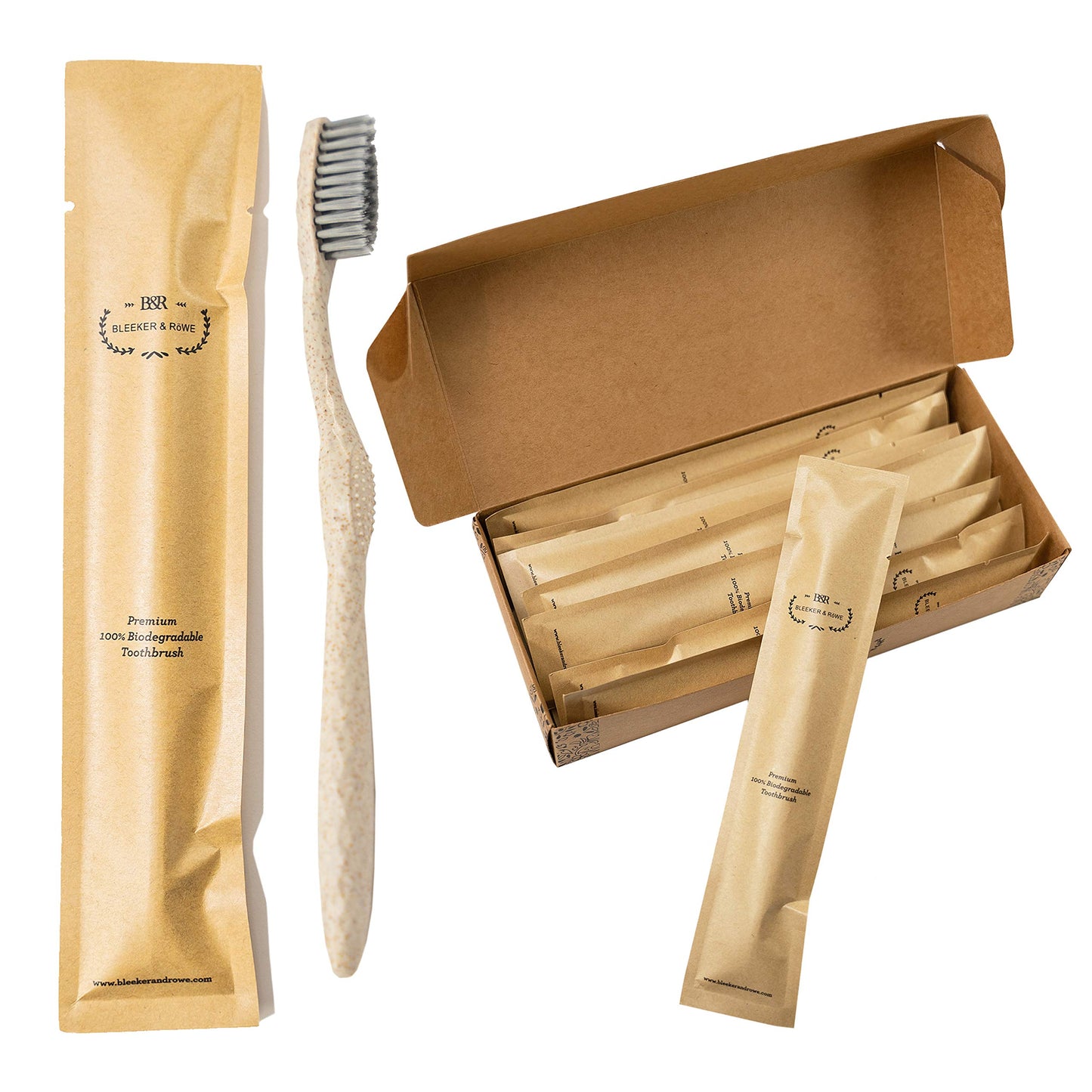 Bleeker and Rowe Biodegradable Eco-Friendly Toothbrushes - Individually Sealed - BPA Free Soft Bristles - Sustainable - Recycled Packaging (Pack of 10)