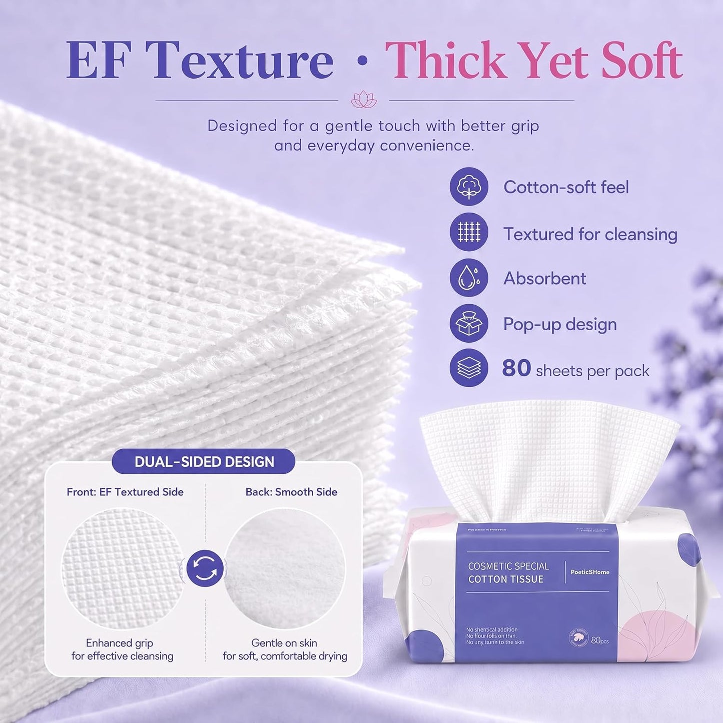PoeticEHome Disposable Face Towels, Thick Yet Soft Cotton Dry Wipes, 1 Pack | 80-Count Facial Towels for Daily Cleansing, Face Washing and Makeup Removal; Absorbent, Lint-Free, Unscented