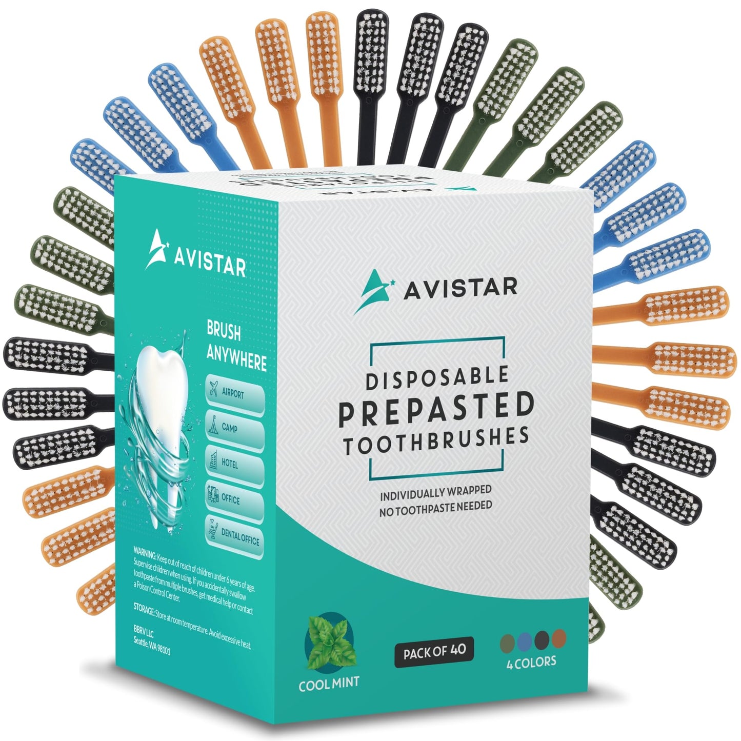 Avistar 40 Prepasted Disposable Toothbrushes Individually Wrapped - Single Use Pre Pasted Disposable Toothbrushes with Toothpaste Built in - Waterless Toothbrush for Travel, Guests, Hotel, & Camping