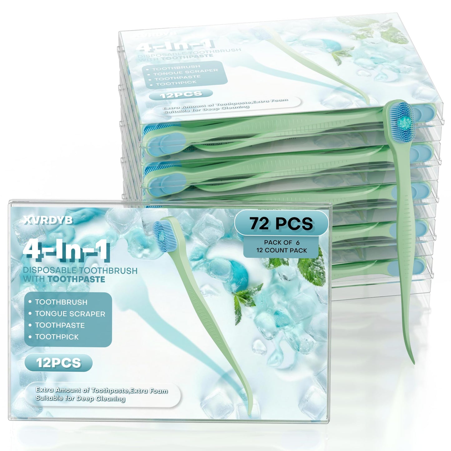 Disposable Toothbrush with Pre-pasted Toothpaste | Travel Size Toiletries | On-The-Go Mini Soft Toothbrush for Meetings, Flights & Camping Essentials | Rich Foam, Mint Flavor (72 Count - 6 Packs of 12)