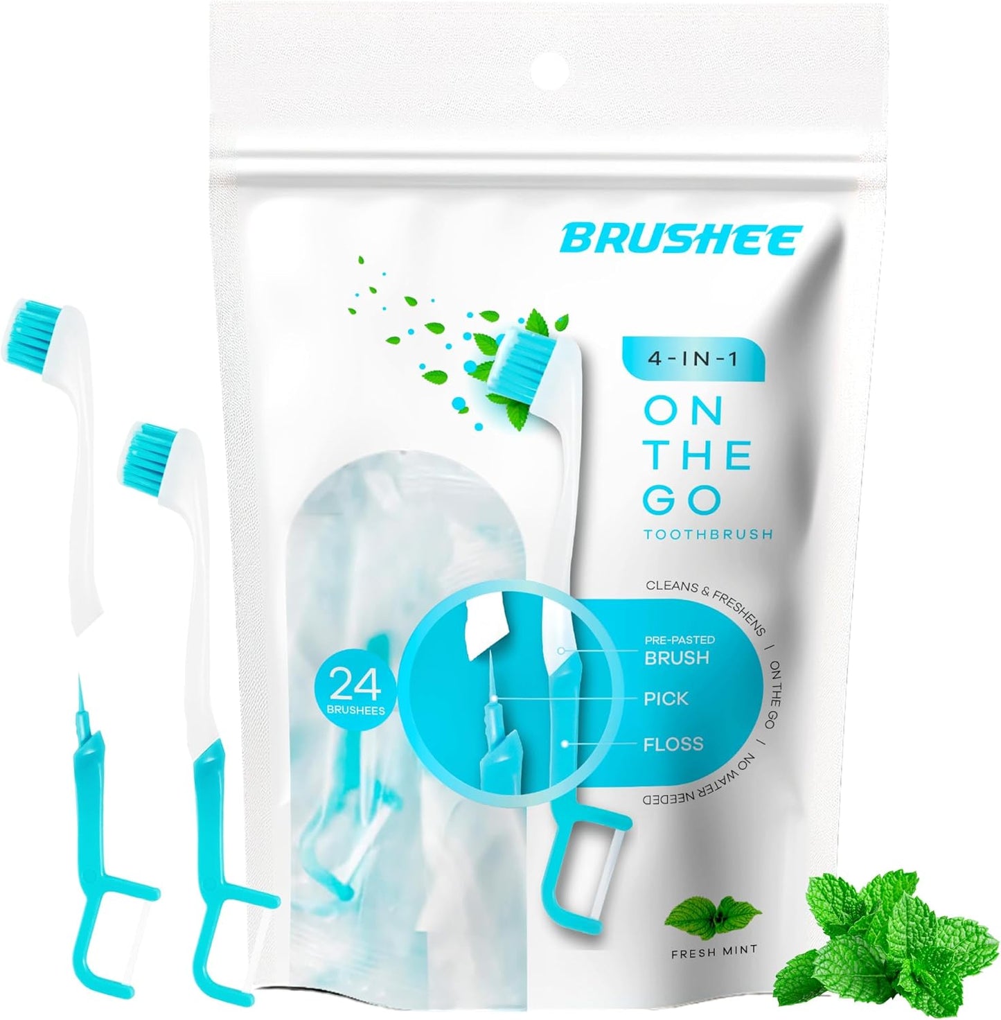 Brushee Disposable Travel Toothbrush, Fresh Mint Prepasted 4-in-1, 24-Pack | Built-In Paste, Brush, Floss & Pick; Soft Bristles, Individually Wrapped; Great for Braces & Aligners; Choking Hazard Under 3