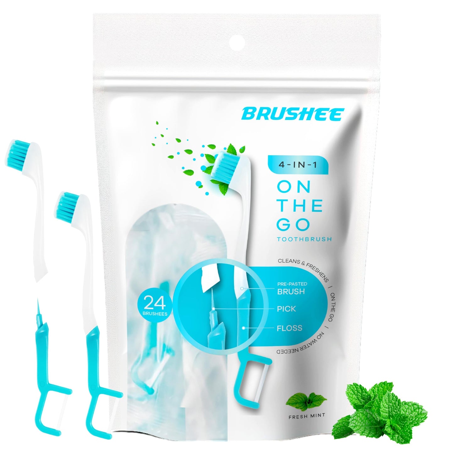 Brushee Disposable Travel Toothbrush, Fresh Mint Prepasted 4-in-1, 24-Pack | Built-In Paste, Brush, Floss & Pick; Soft Bristles, Individually Wrapped; Great for Braces & Aligners; Choking Hazard Under 3