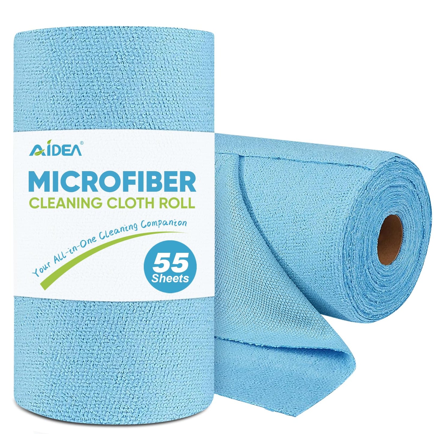 AIDEA Microfiber Cleaning Cloth Roll, Blue Shop Towels 55 Sheets 11×9" | Reusable Paper Towels, Microfiber Towels for Cars, Microfiber Rags for Automotive,Workshop, House, Kitchen, Cleaning Supplies