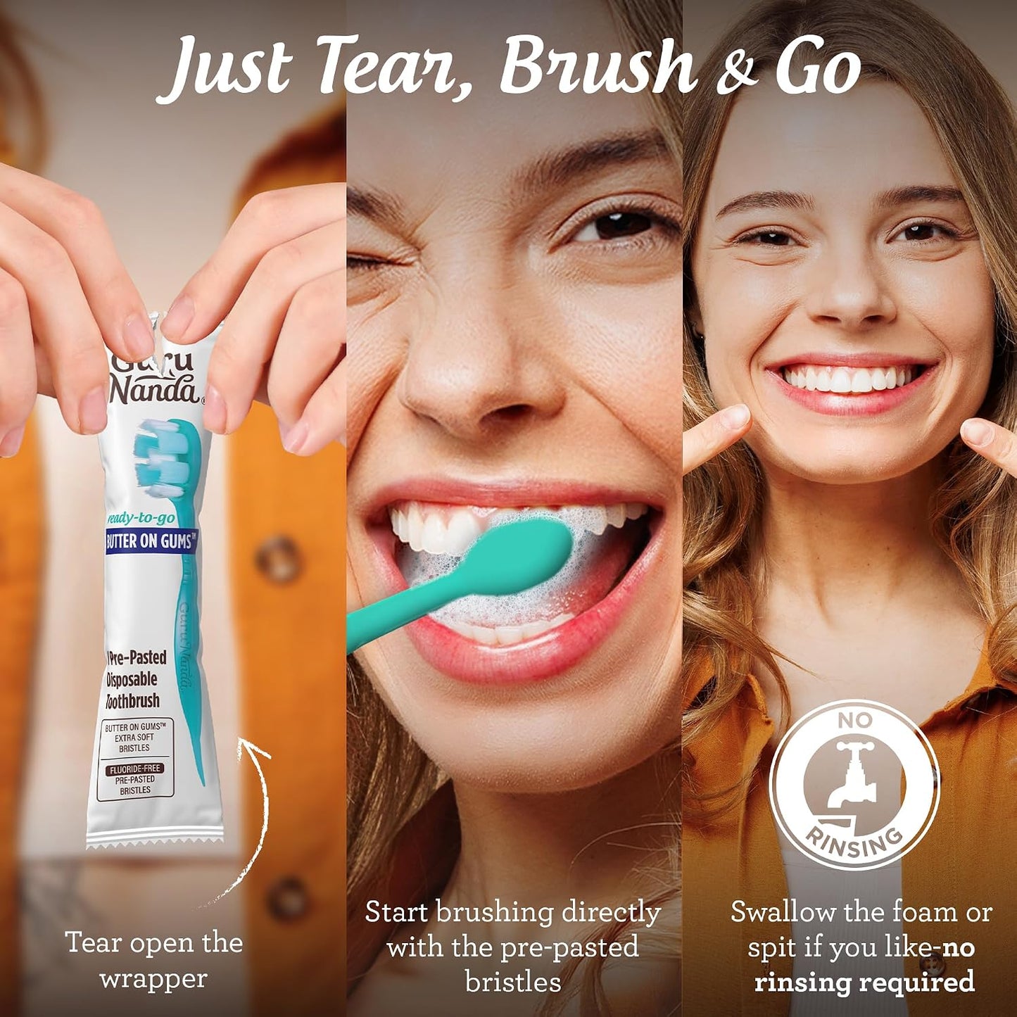 GuruNanda Disposable Travel Toothbrush 1.0, Fluoride Free Toothpaste, 70 ct | 2-In 1 Ready-To-Go Soft Bristle Toothbrushes with Toothpick|Individually Wrapped Travel Essentials|Made with Recycled Plastic