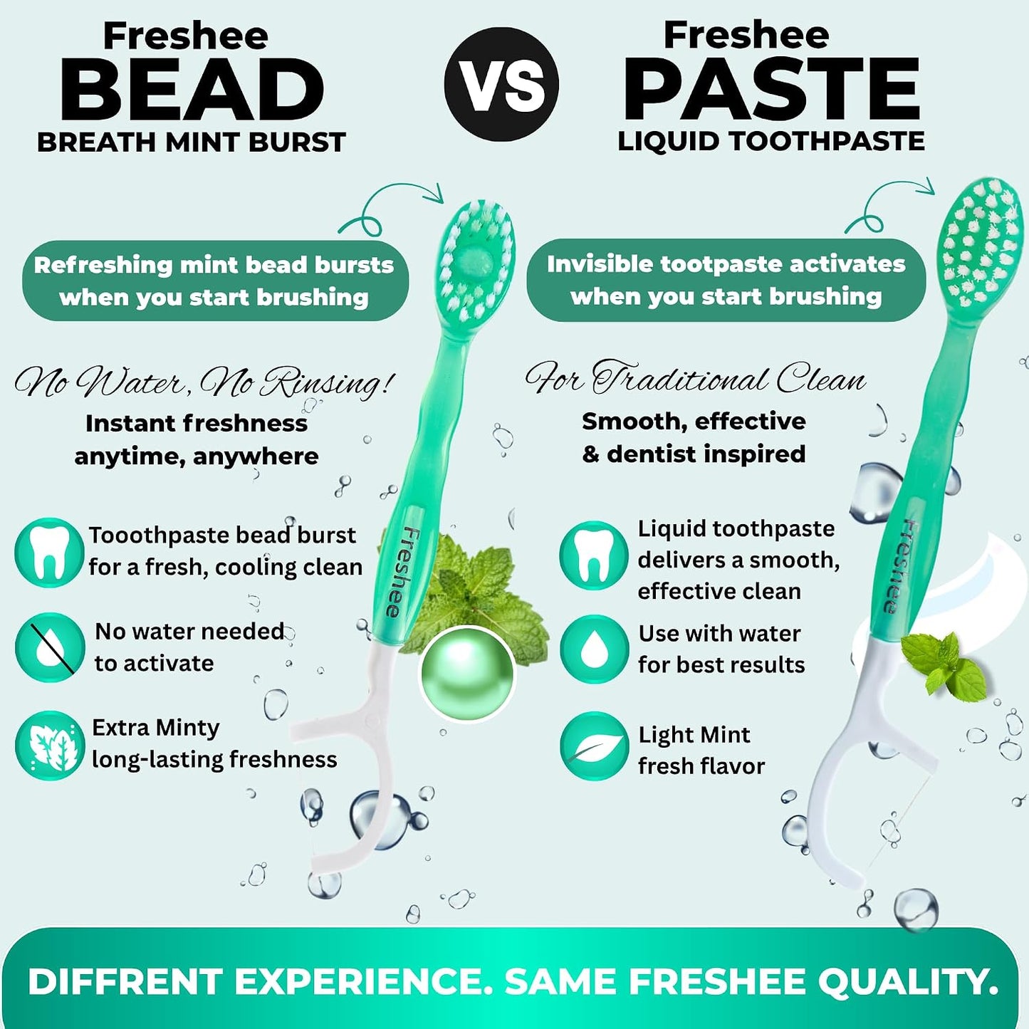 Freshee Disposable Toothbrushes with Toothpaste – 5 in 1 Mini Toothbrush with Floss, Pick, Tongue Scraper | No Water Needed | Individually Wrapped | Prepasted Travel Toothbrush | Extra Mint | Bead