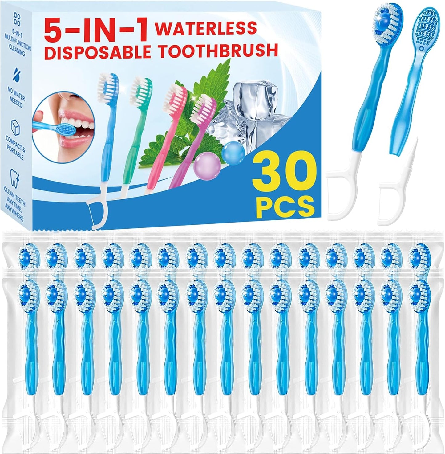 5 in 1 Disposable Travel Toothbrushes, Prepasted Mini On-the-Go Disposable Toothbrushes with Toothpaste Floss Pick Tongue Scraper, Individually Wrapped Travel Toothbrush Set(30PCS,Mint)
