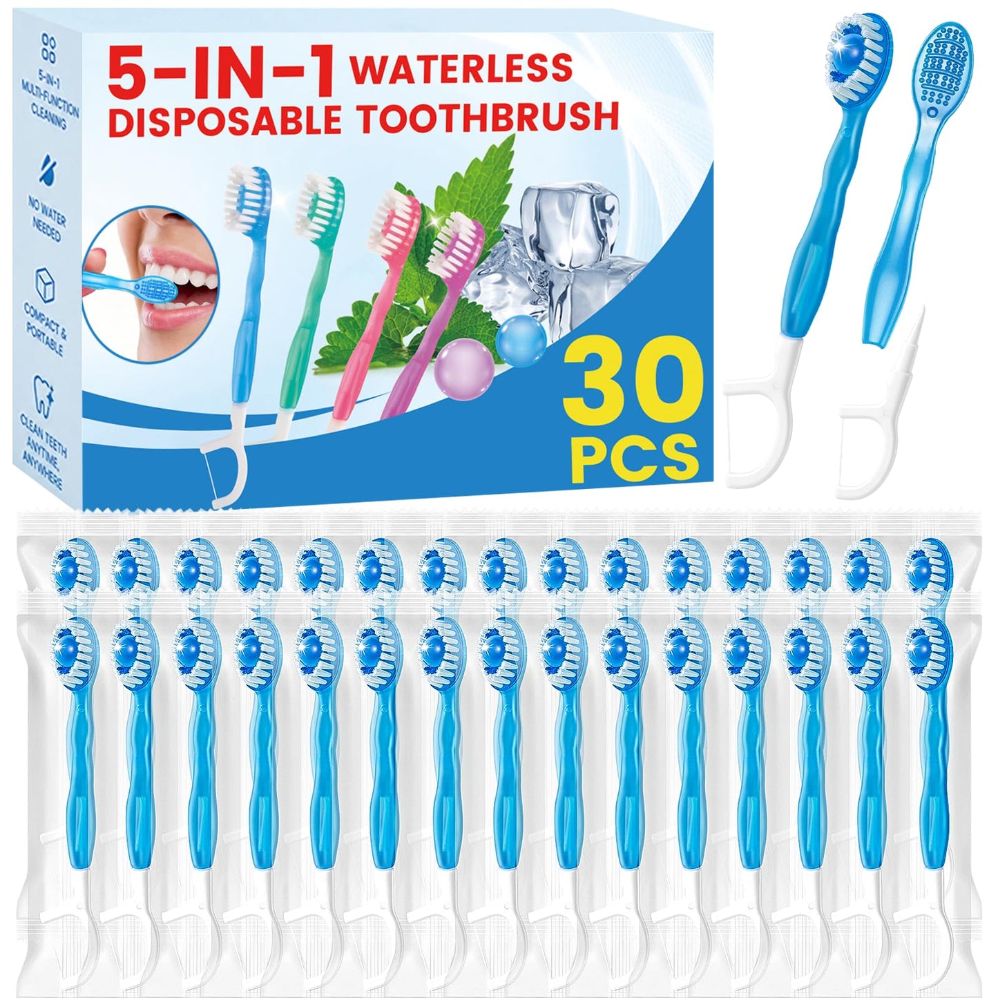 5 in 1 Disposable Travel Toothbrushes, Prepasted Mini On-the-Go Disposable Toothbrushes with Toothpaste Floss Pick Tongue Scraper, Individually Wrapped Travel Toothbrush Set(30PCS,Mint)