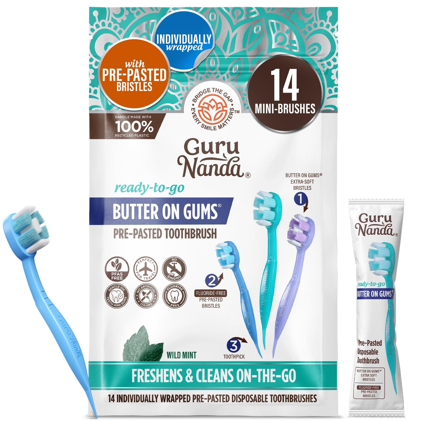 GuruNanda Disposable Travel Toothbrush 1.0, Fluoride Free Toothpaste, 70 ct | 2-In 1 Ready-To-Go Soft Bristle Toothbrushes with Toothpick|Individually Wrapped Travel Essentials|Made with Recycled Plastic