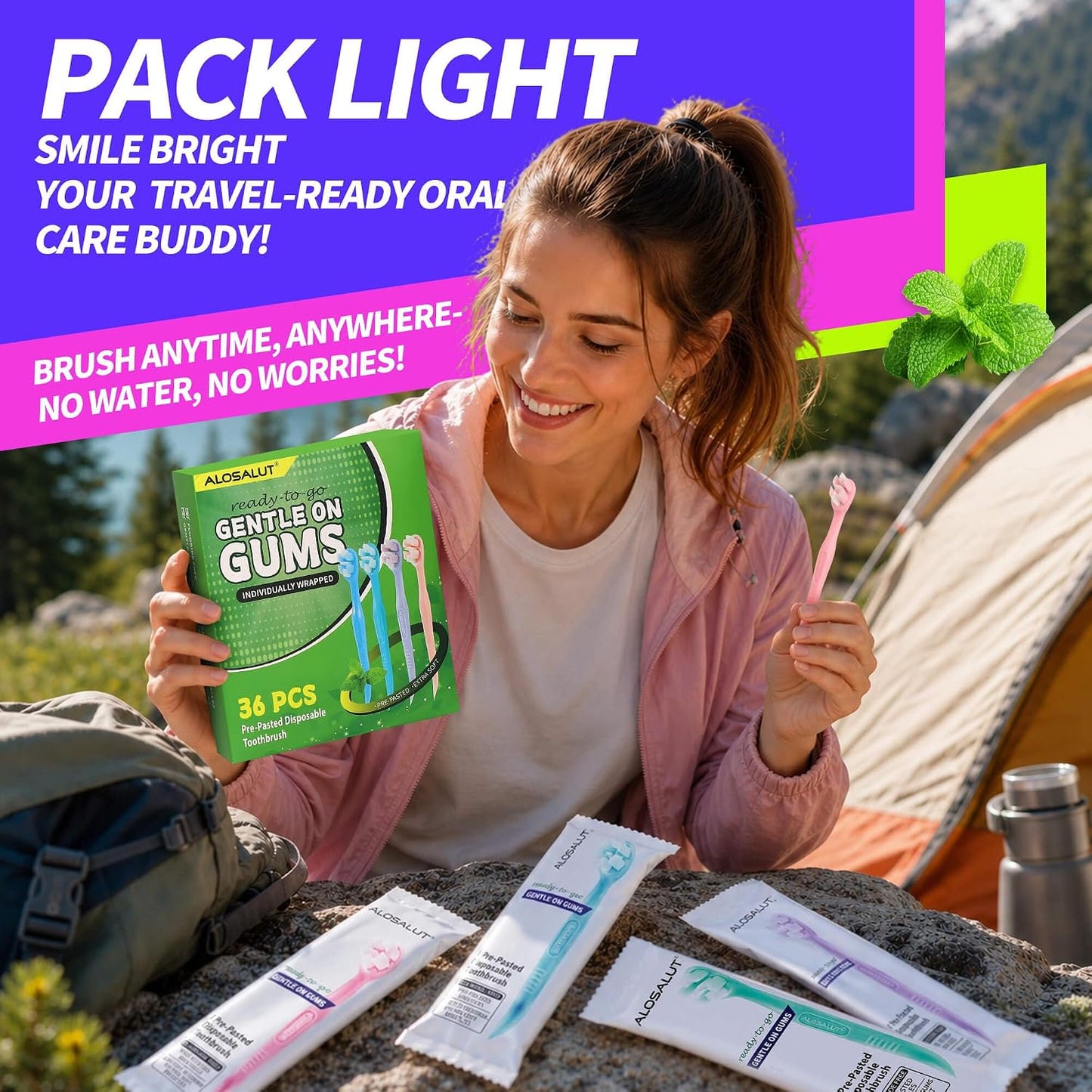 36 Pack Pre-Pasted Mint Disposable Toothbrushes – Individually Wrapped Mini Ultra Soft Bristles Toothbrush - Fluoride Free No Rinsing - 3-in-1 with Floss Pick Tongue Cleaner for Braces Travel Camping